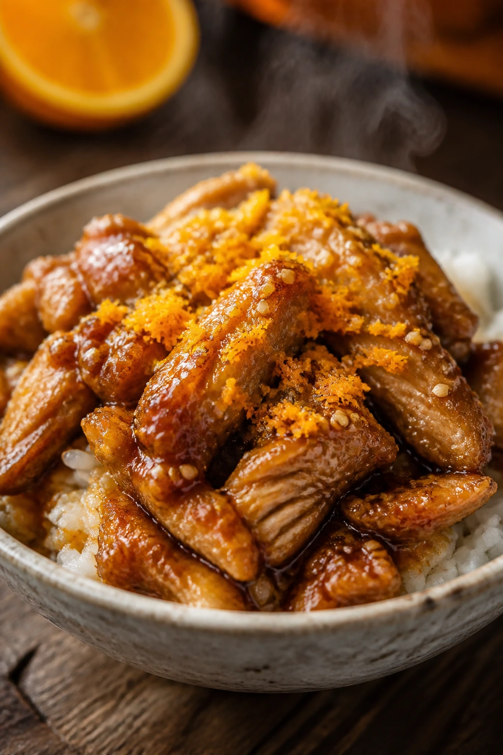 Orange zest chicken thigh bowl with citrus garnish