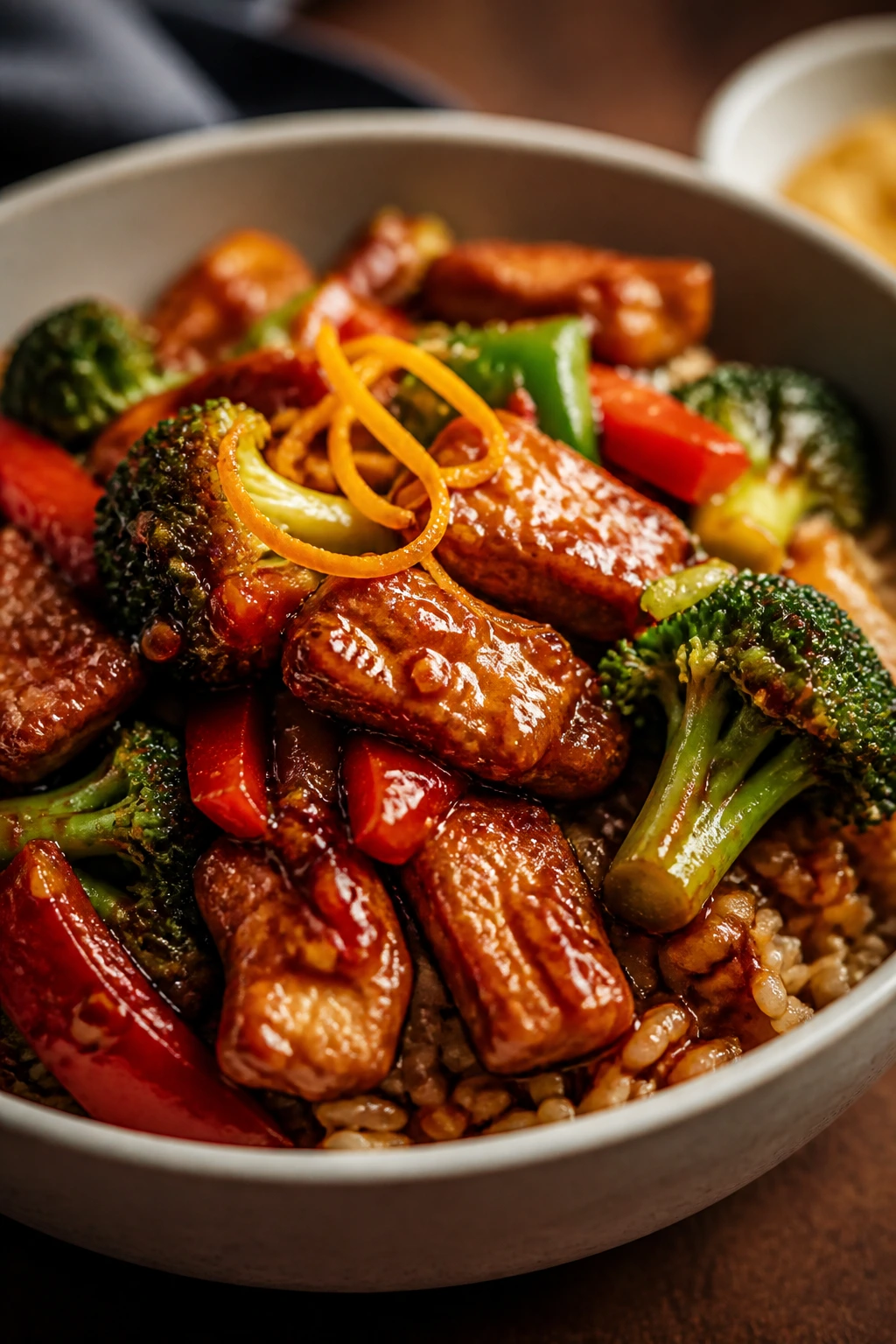 Stir-fry with orange zest garnish on top