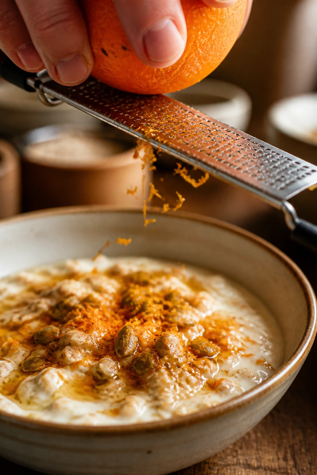Macro shot of orange zest being grated over a bowl to show flavor boosters
