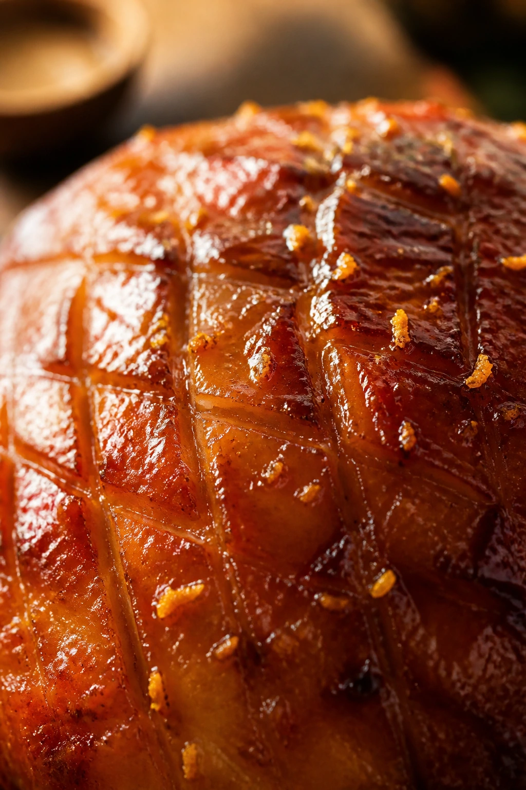 Close-up of glaze with orange zest flecks in amber glaze