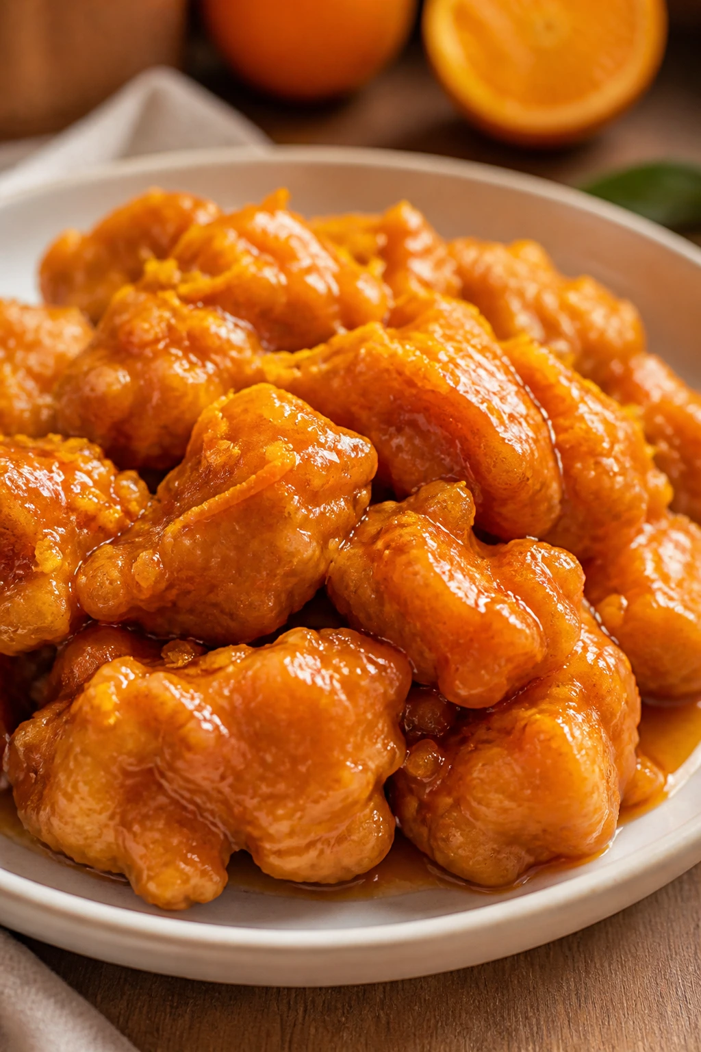 Crispy chicken with orange glaze and zest plated for variation