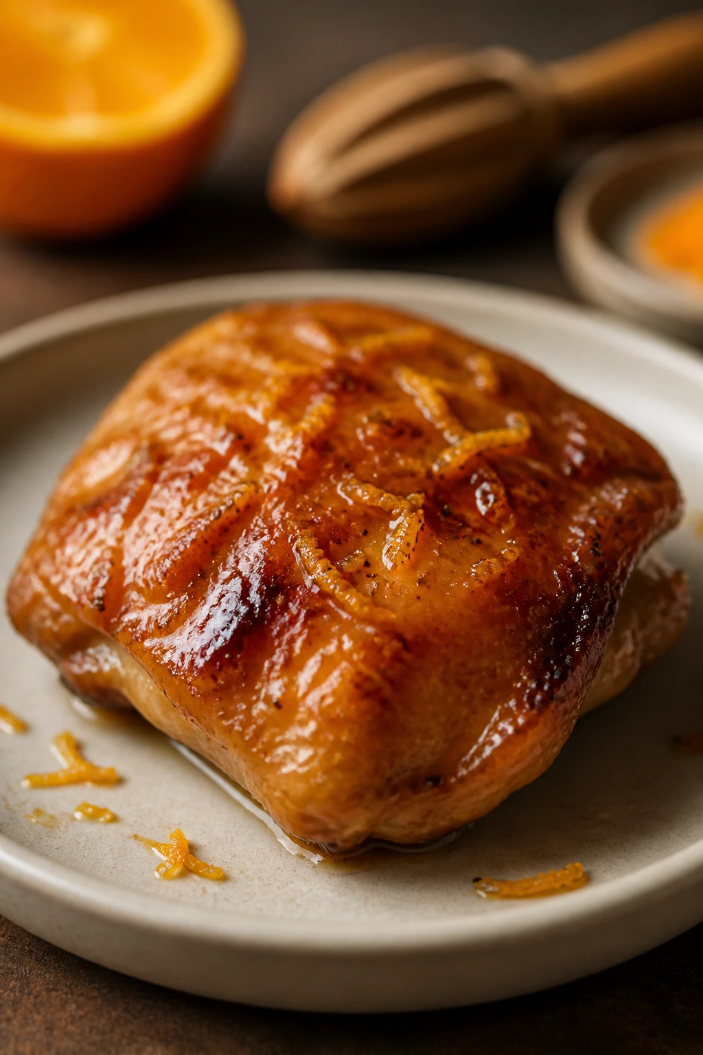 Close-up of chicken thigh with orange zest on glossy honey glaze