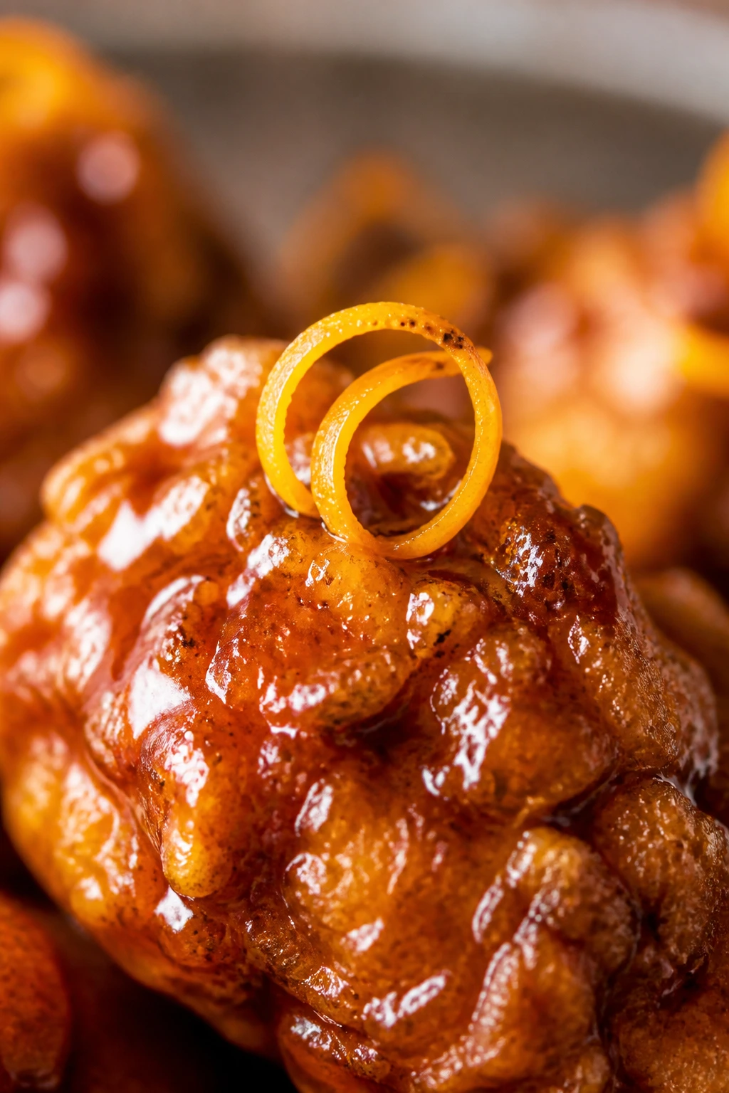 Orange zest curl on glazed crispy chicken