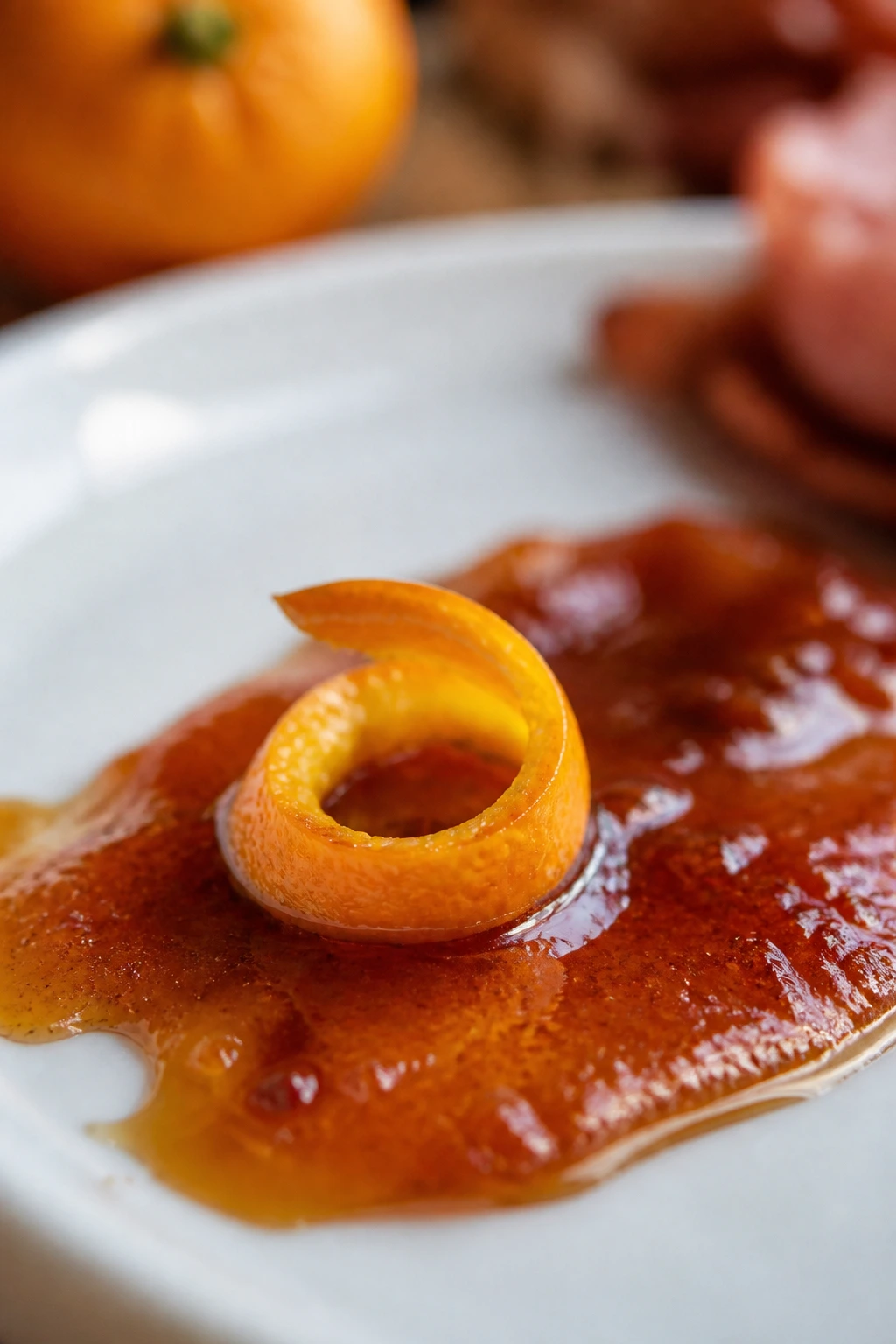 Orange zest on glaze patch atop white plate in warm kitchen