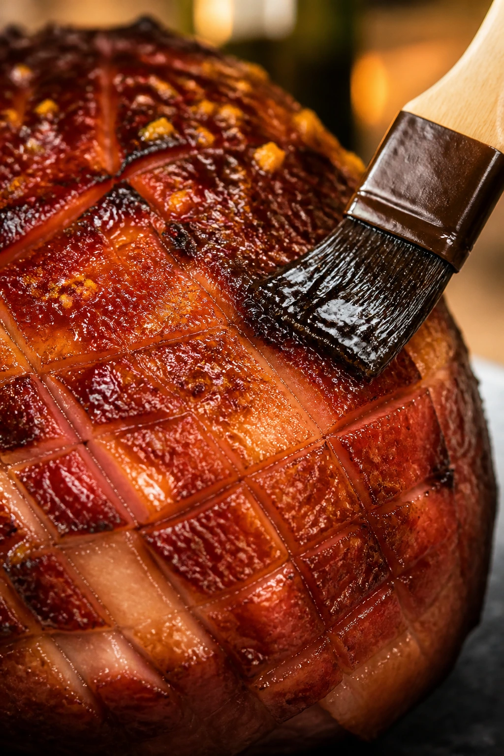 Close-up of ham crust with orange zest flecks and final glaze