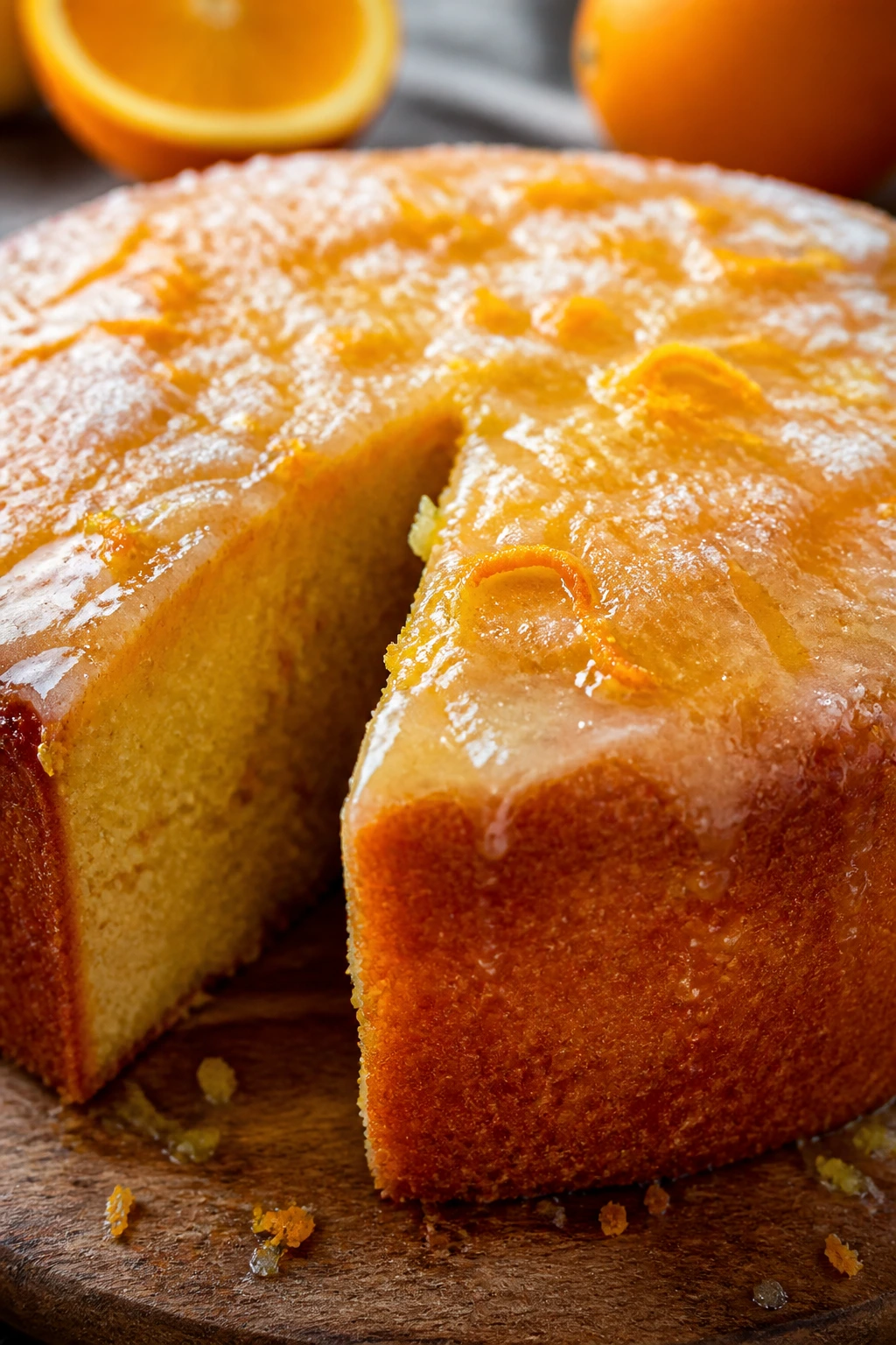 Close-up of orange cardamom olive oil cake with citrus glaze on wooden board