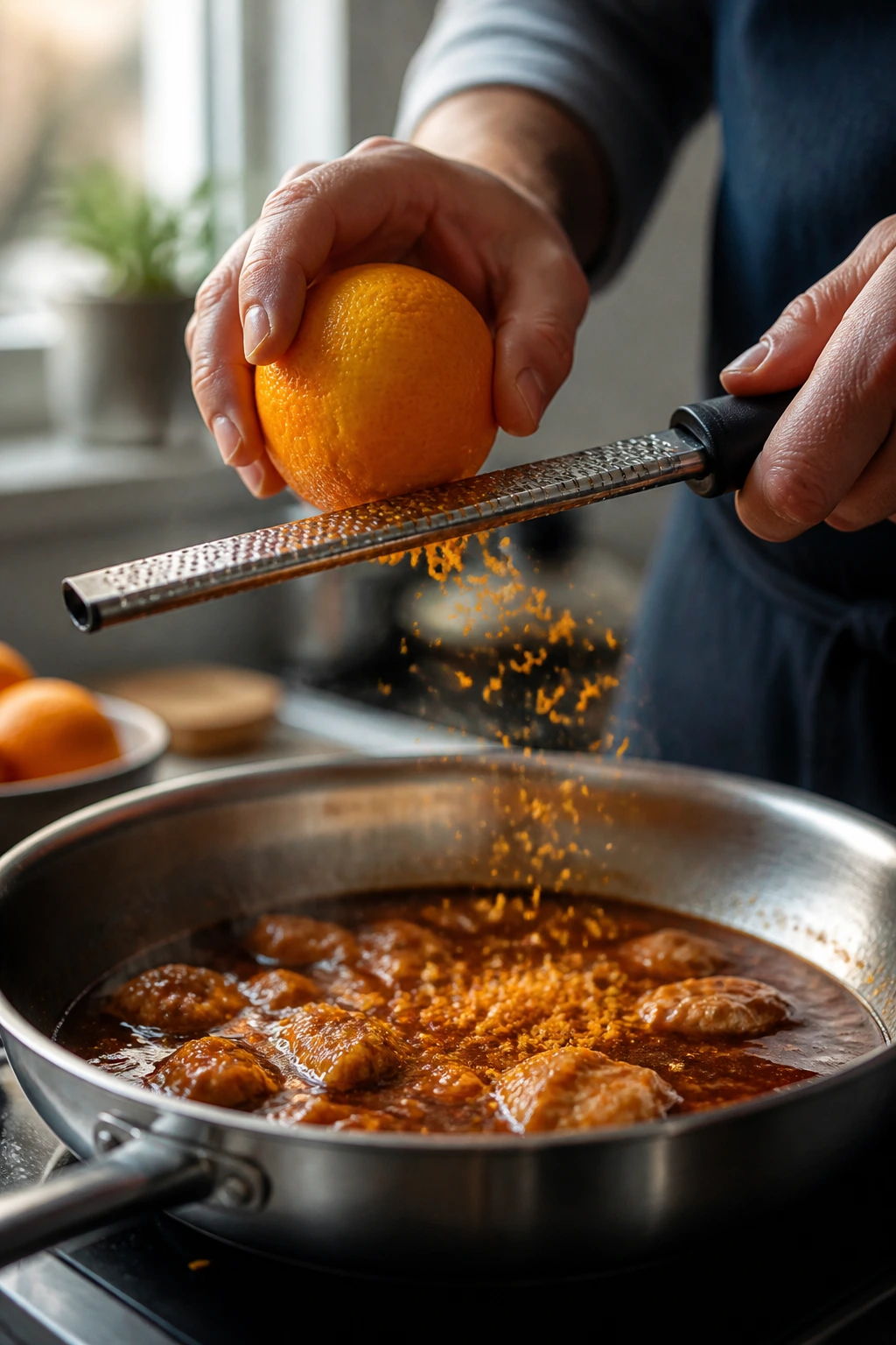 Hands zesting orange into a simmering sauce in a pan