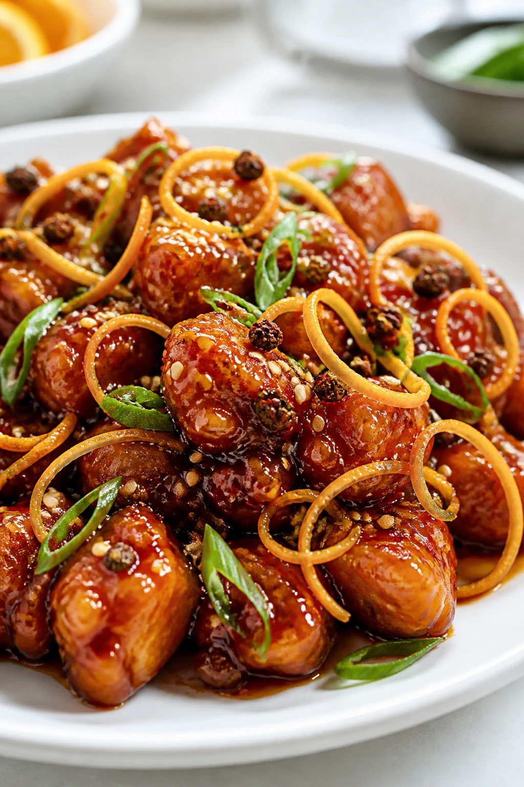 Glossy sticky dish plated with orange zest, peppercorns, and sesame seeds