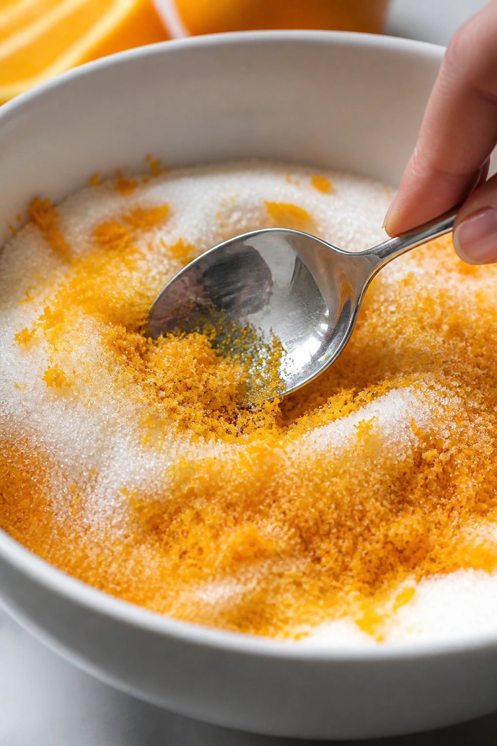 Close-up of sugar and orange zest being rubbed together in a bowl