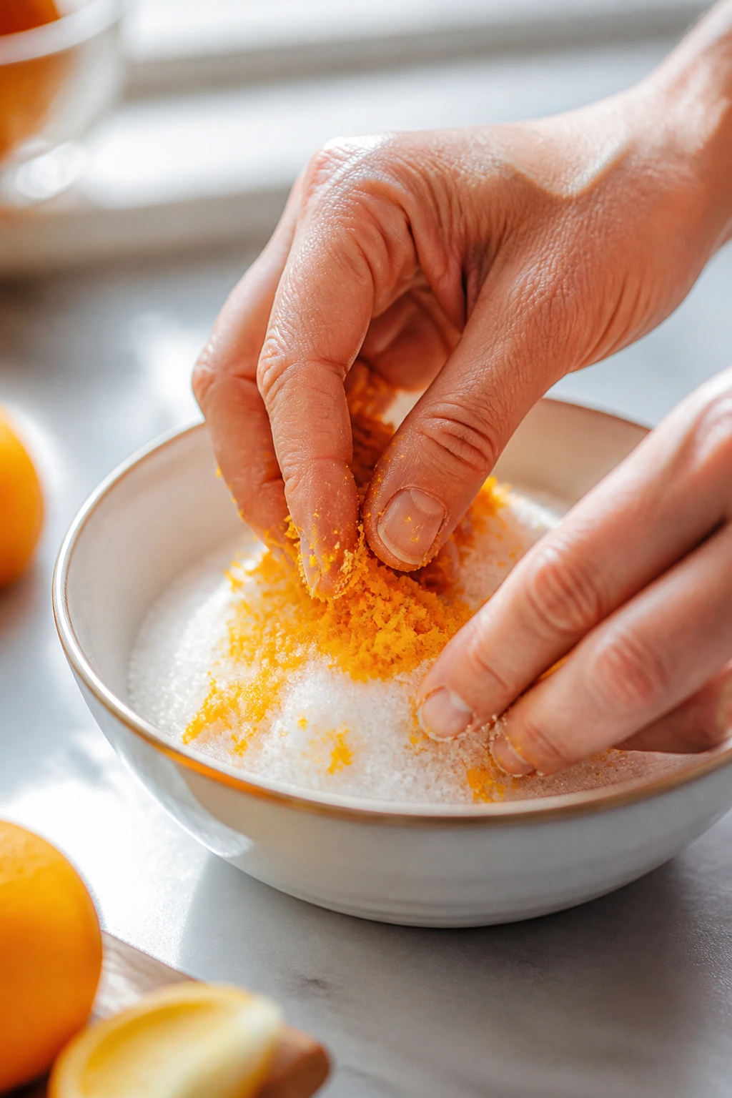 Hands zesting orange into sugar in a bowl