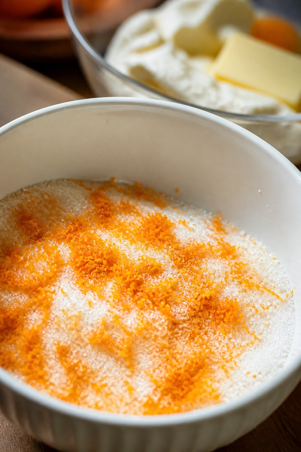 Orange zest rubbed into sugar in a bowl with frosting ingredients blurred in the background