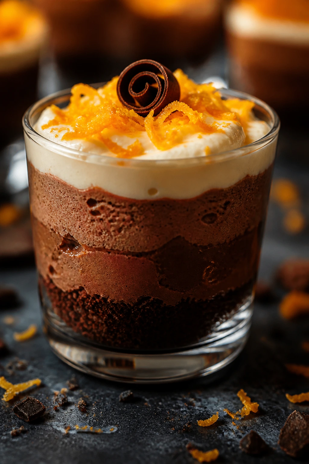 Chocolate mousse cup with orange zest garnish