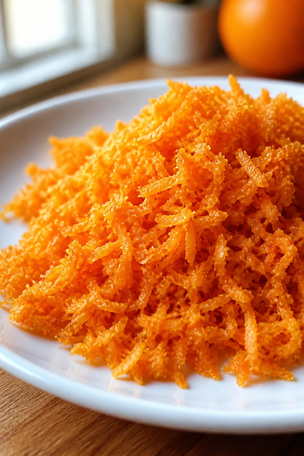 Bright orange zest on a plate in a warm kitchen