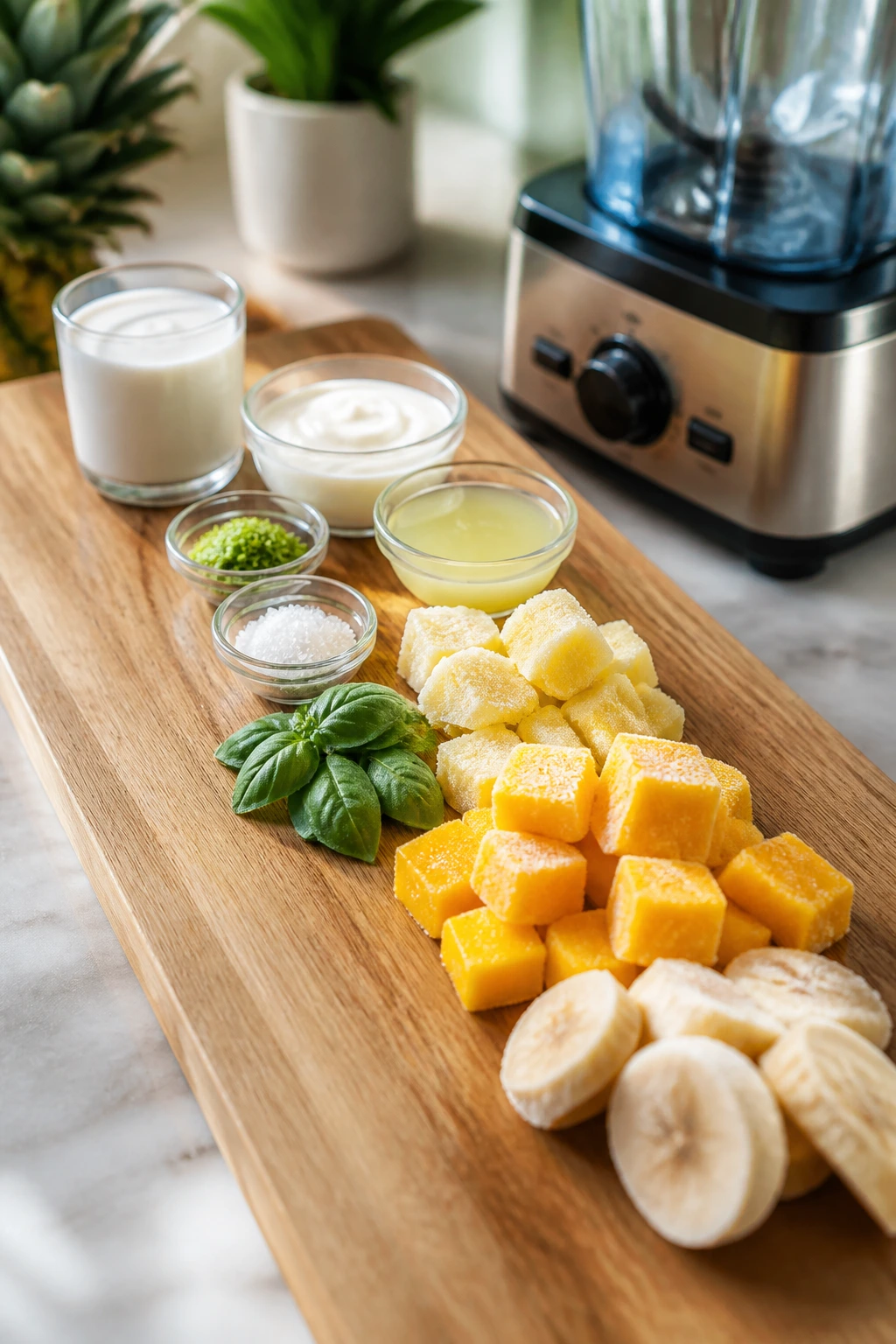 Ingredients arranged in order on a board with a blender in the background