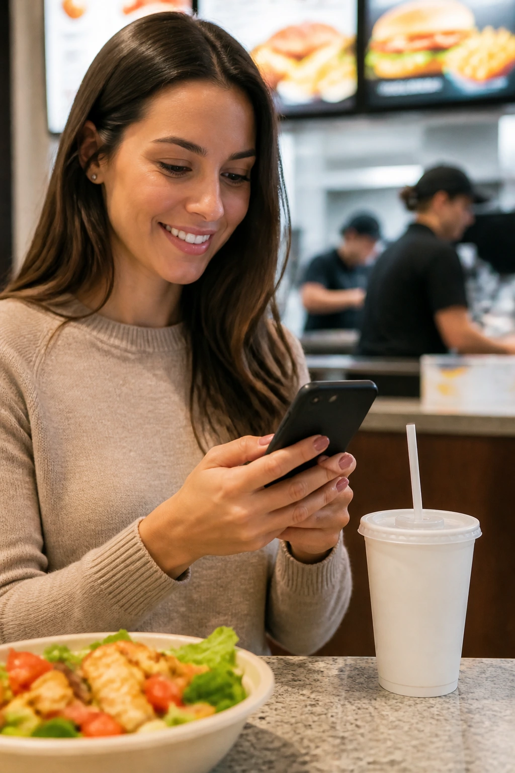 Medium close-up of a person using a smartphone at a restaurant counter