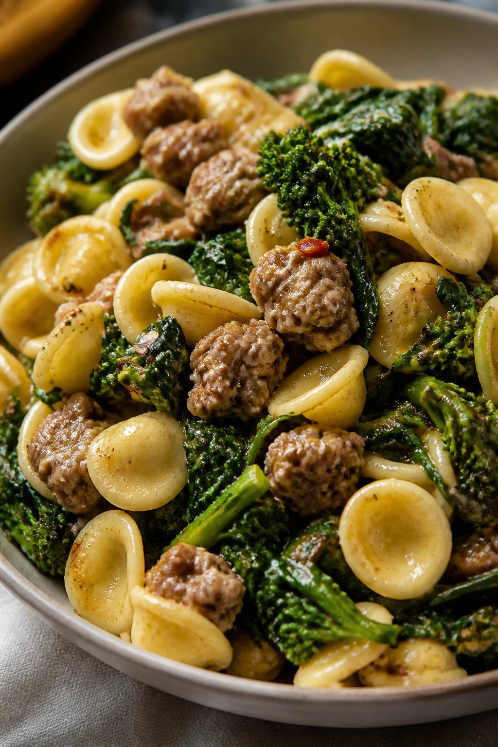 Bowl of Orecchiette with Sausage and Broccoli Rabe.