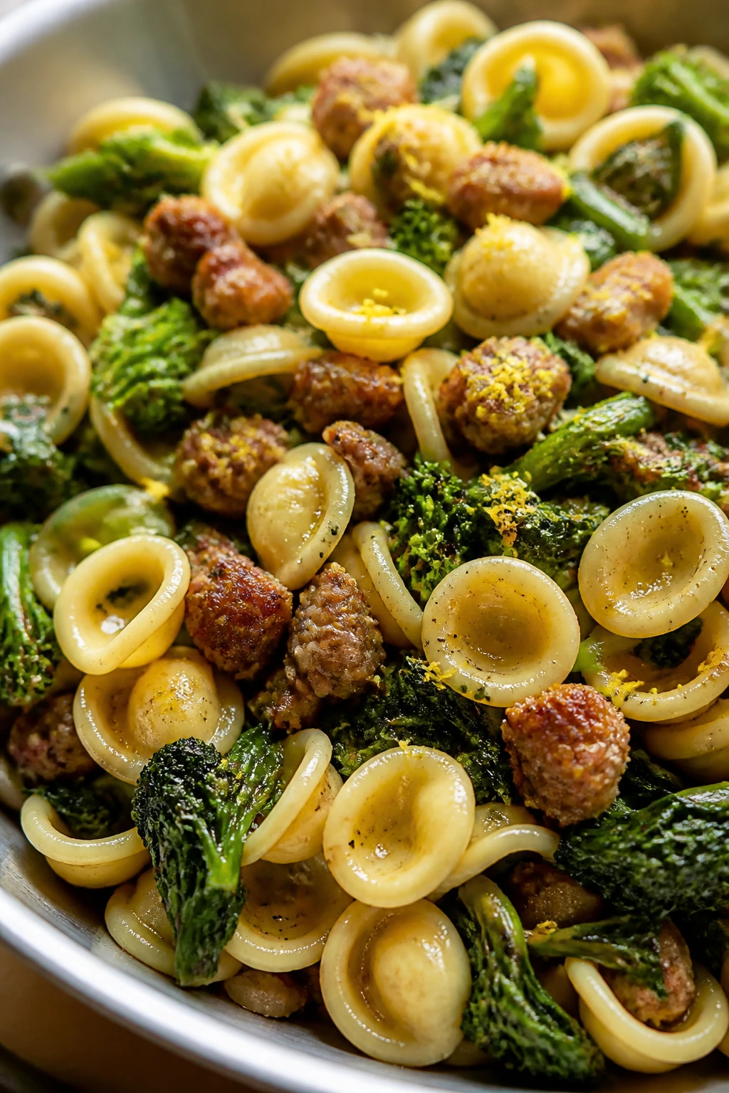 Close-up of orecchiette with sausage and broccoli rabe on a plate
