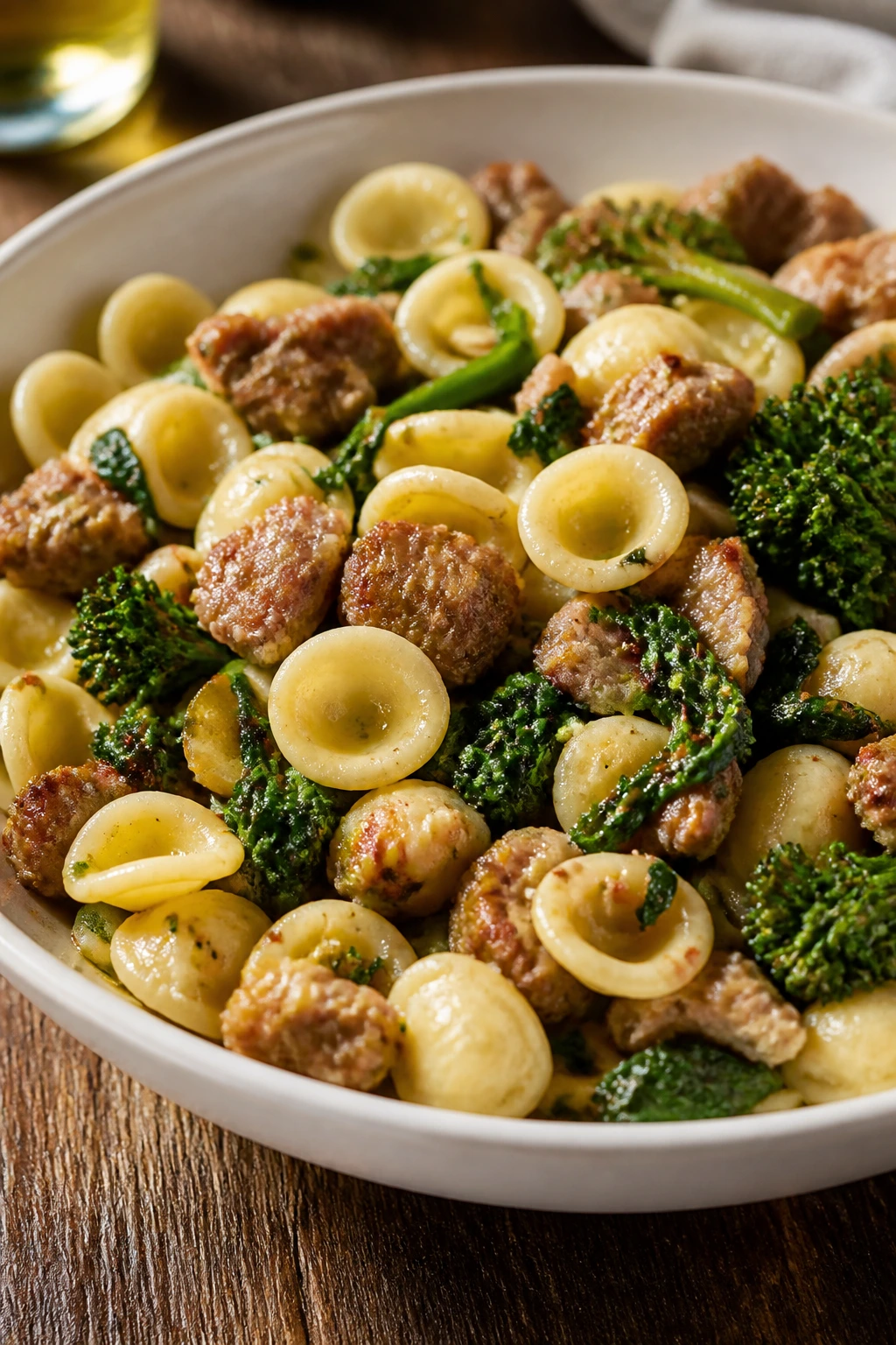 Orecchiette with sausage and broccoli rabe in a shallow bowl