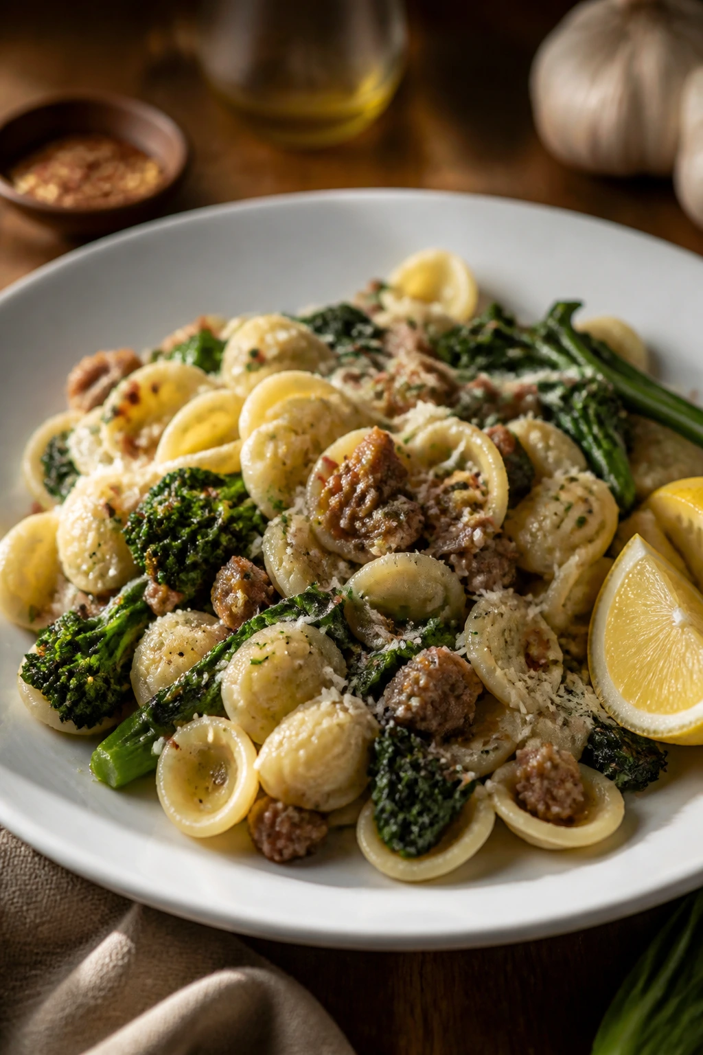 Close-up of orecchiette with sausage and broccoli rabe on a plate