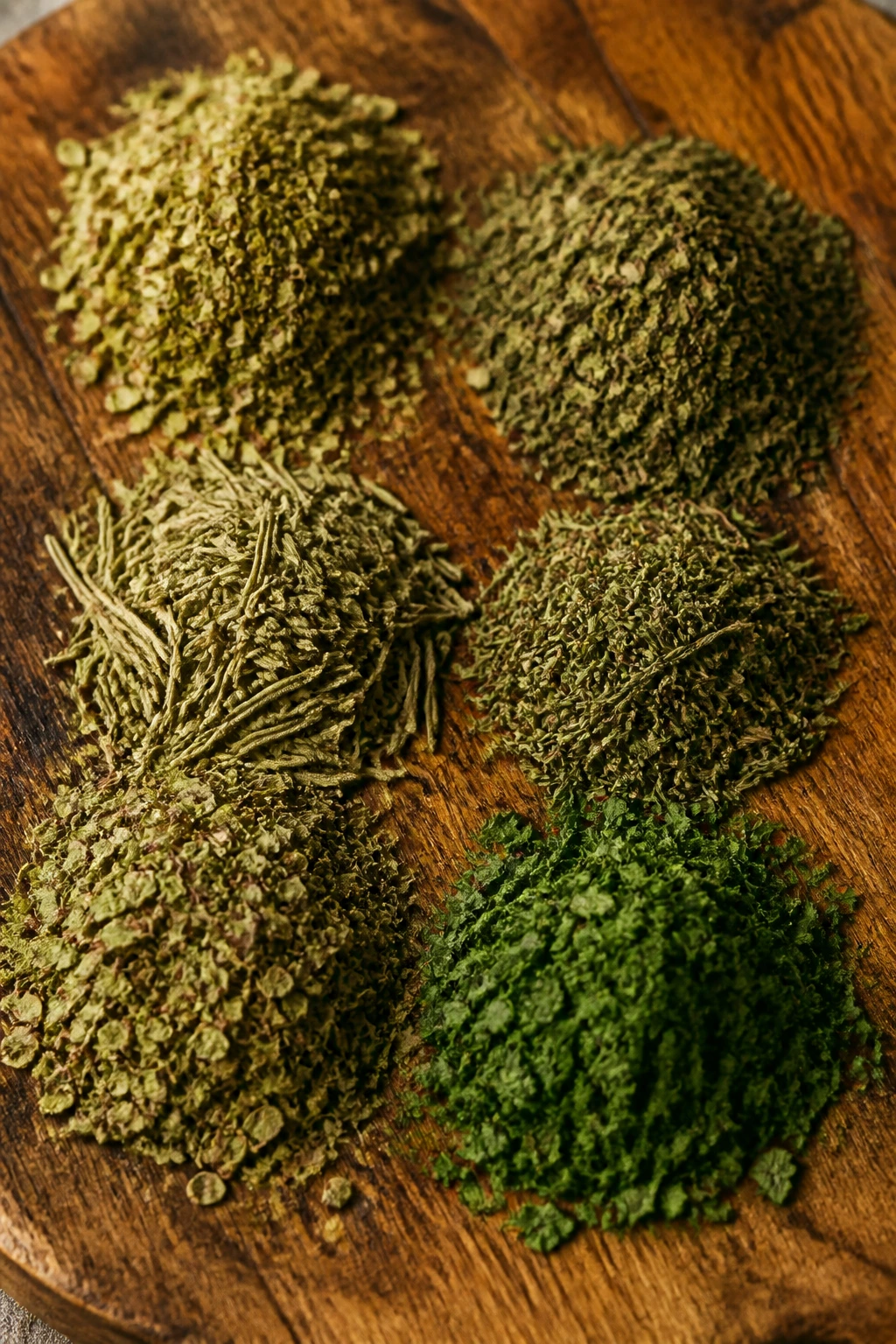 Dried oregano, thyme, basil, marjoram, rosemary, and parsley arranged on a wooden board