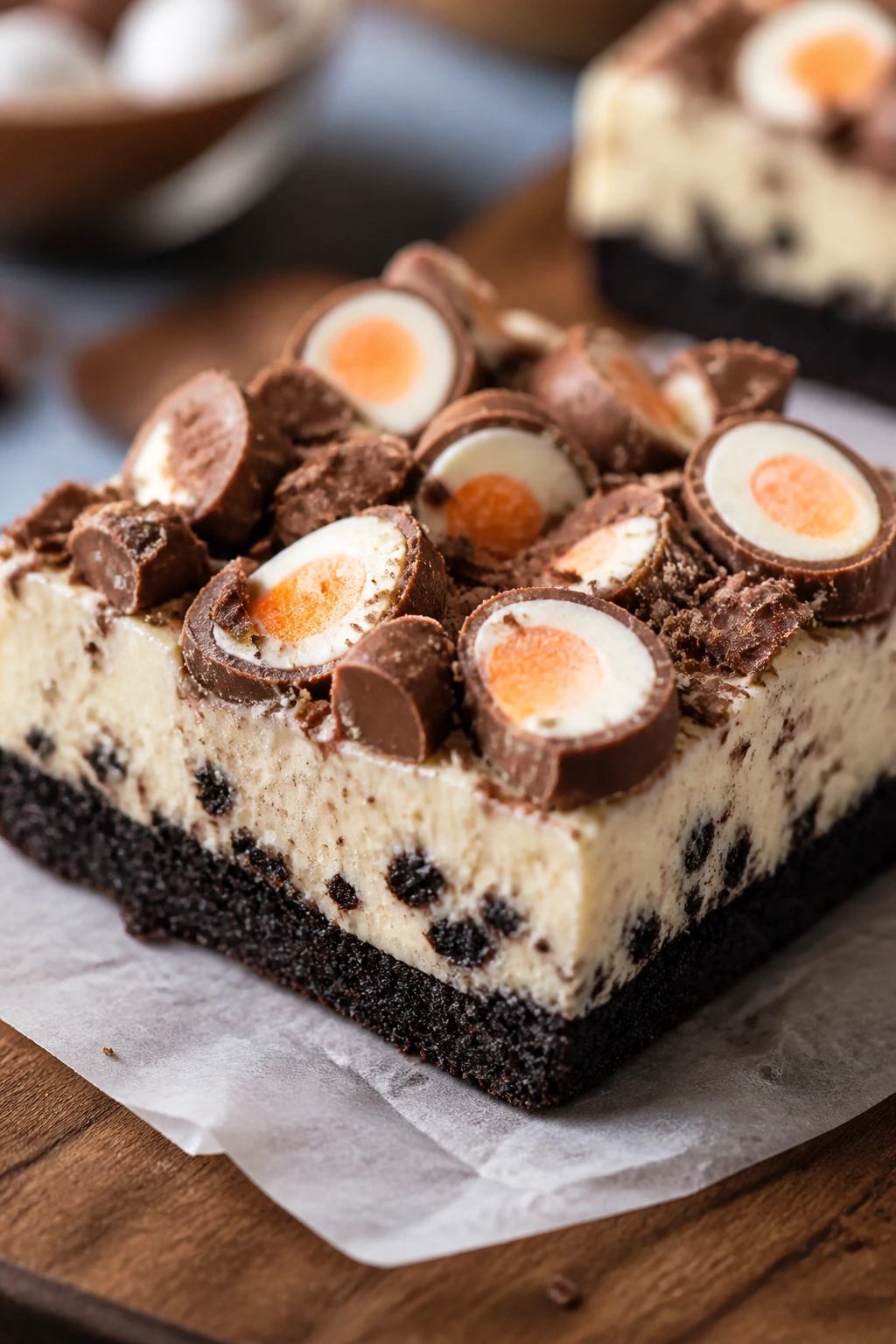 Close-up of Oreo cream egg bar square with crust, filling, and candy pieces