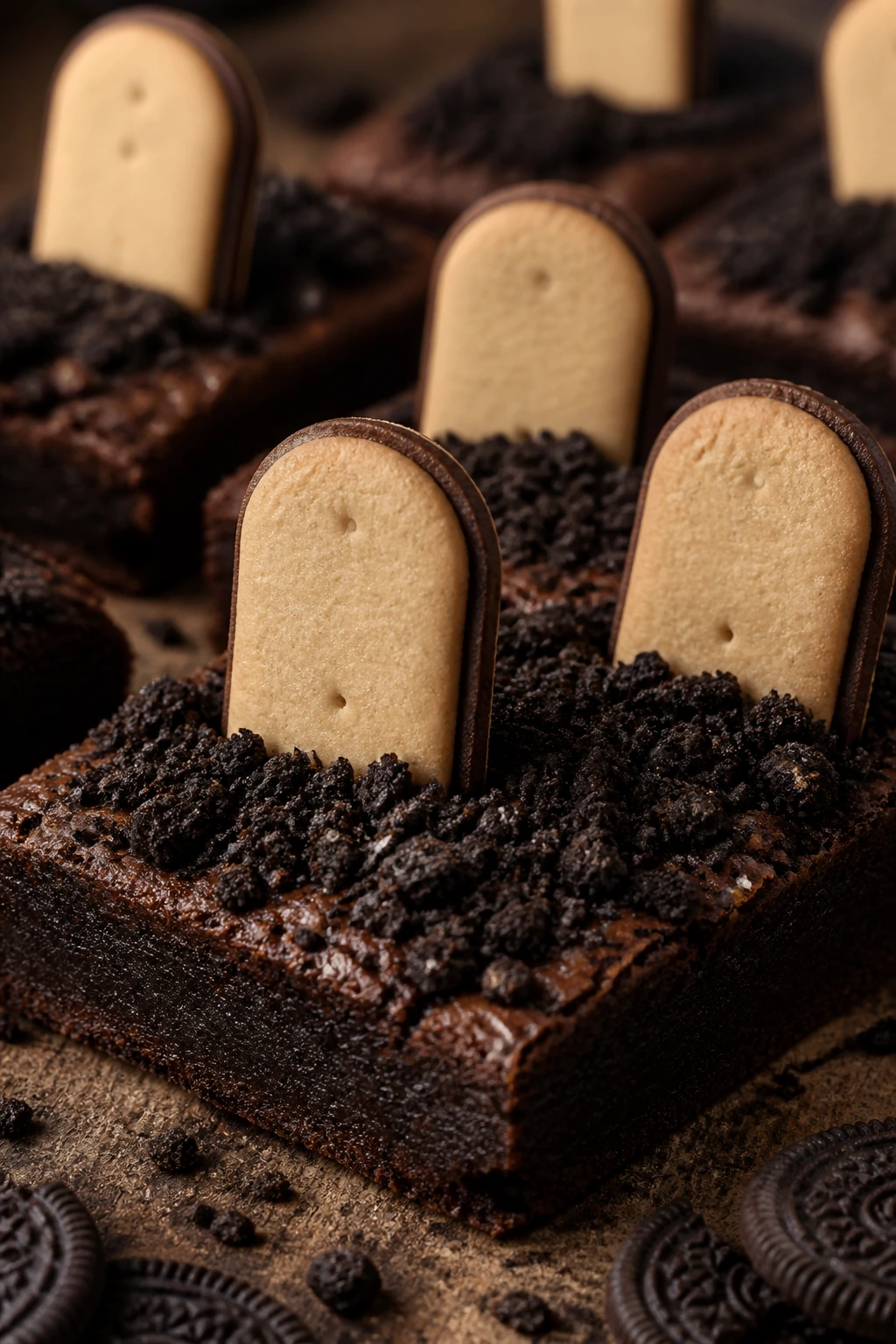 Brownie topped with Oreo crumb soil and cookie tombstones