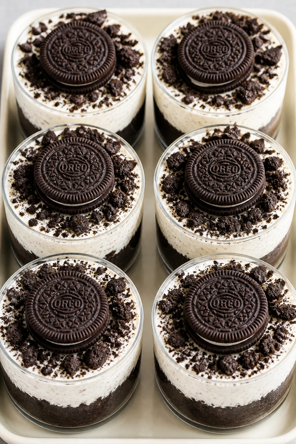 Top-down view of no-bake Oreo cheesecake cups with Oreo crumb crust