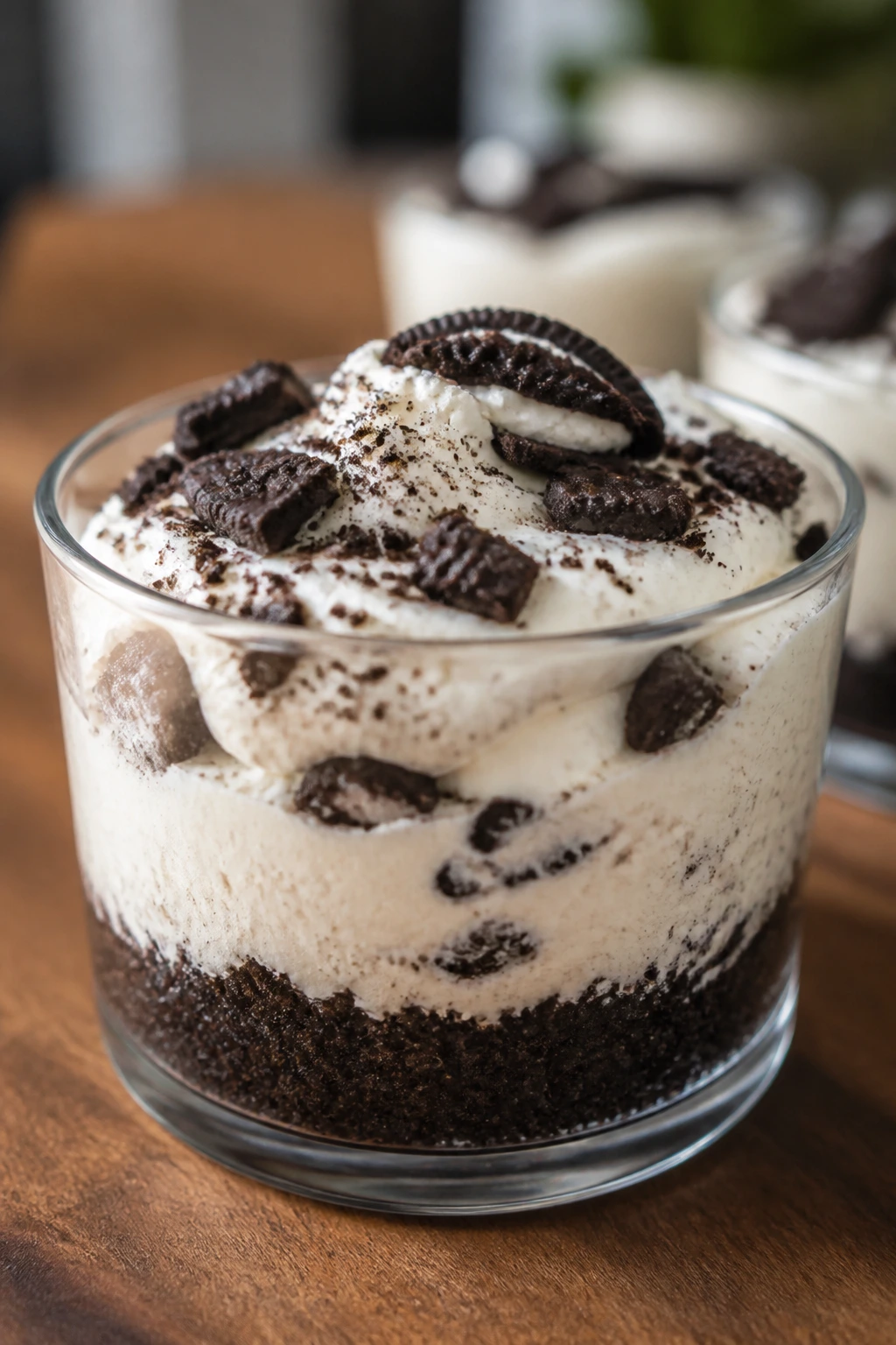 No bake Oreo cheesecake cup with visible layers in clear cup