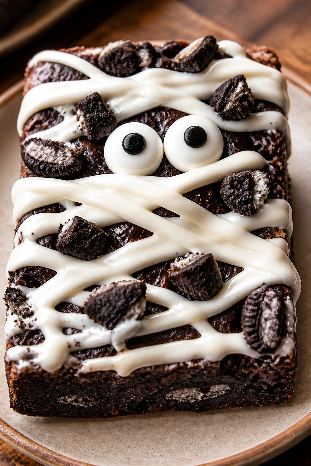 Brownie with Oreo chunks and bandages on a plate