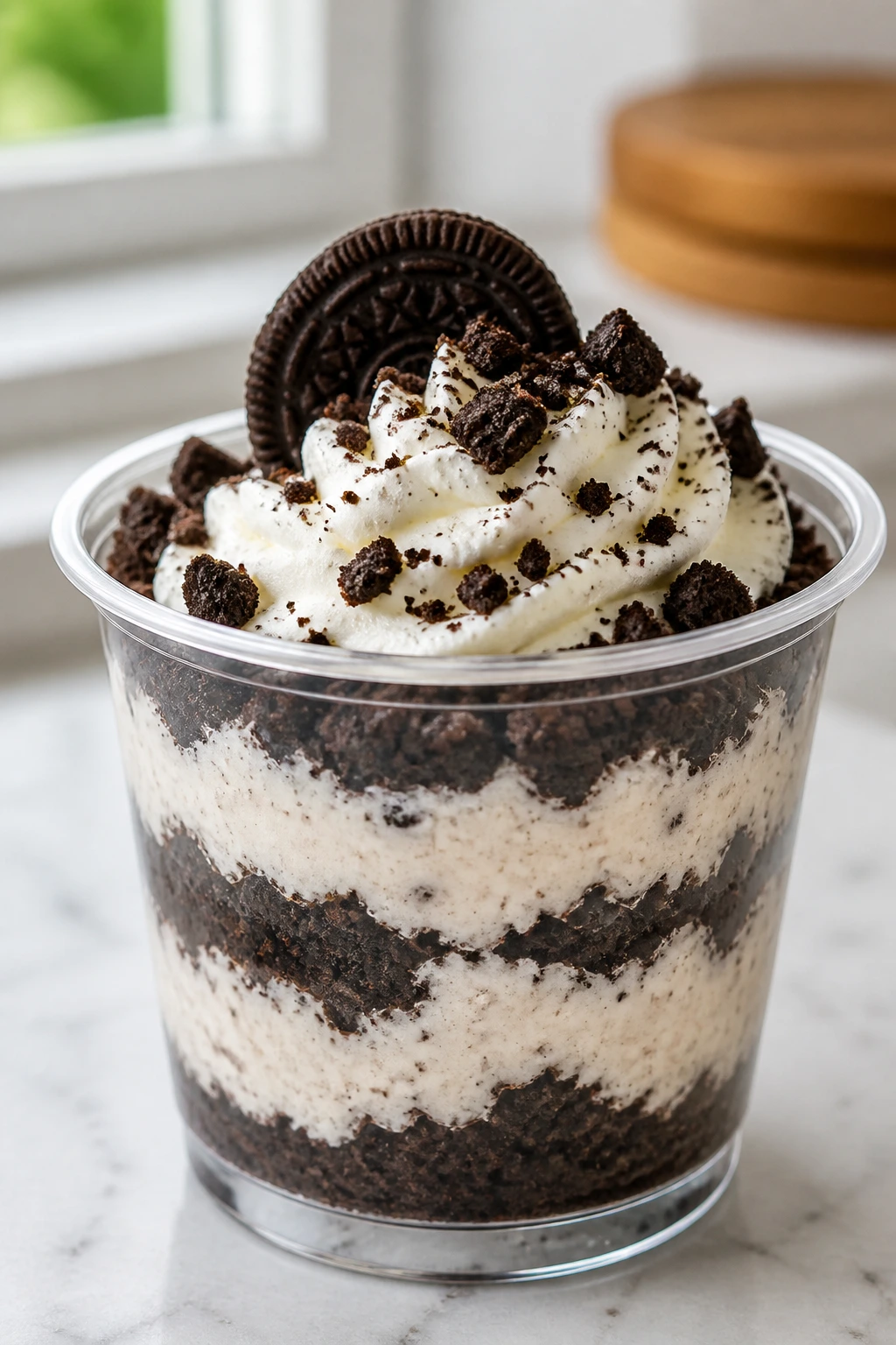 Close-up of oreo dirt pie cup with whipped topping in a glass