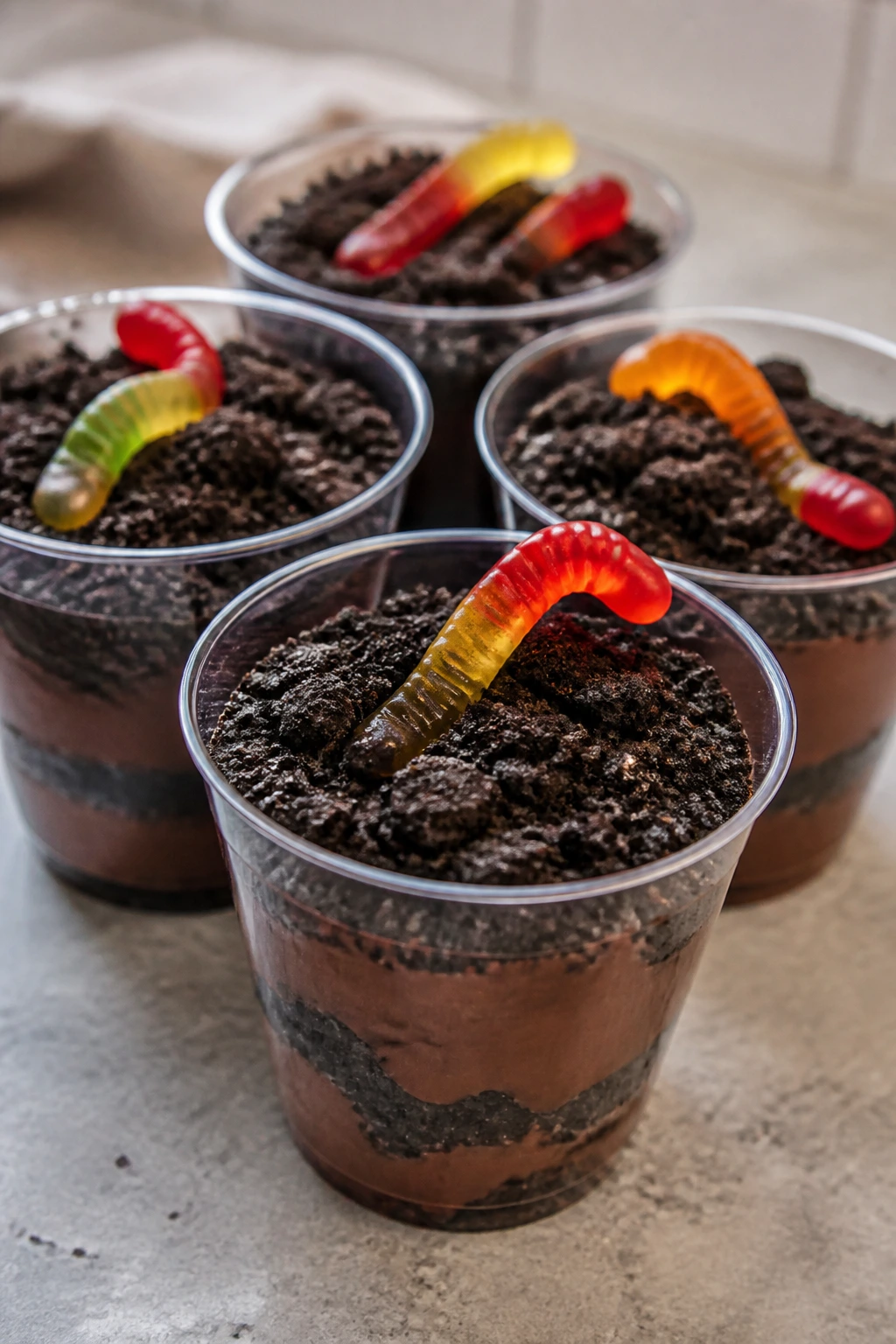 Clear cups showing Oreo Dirt Cups with pudding and gummy worms