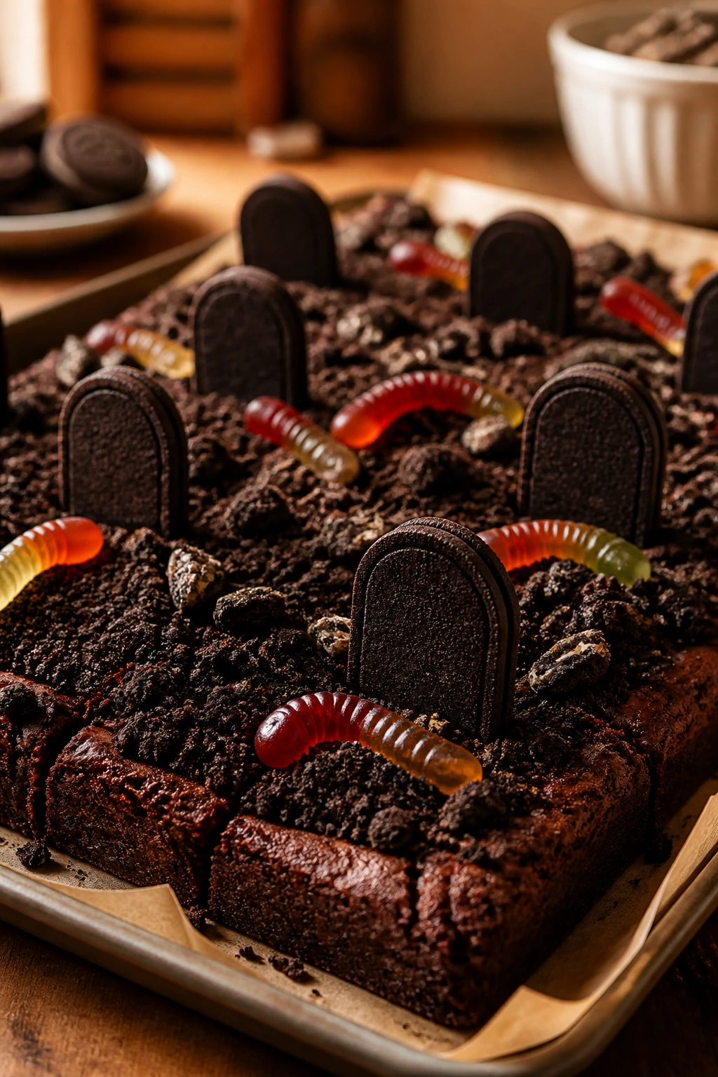 Brownies with Oreo dirt and tombstones in a kitchen