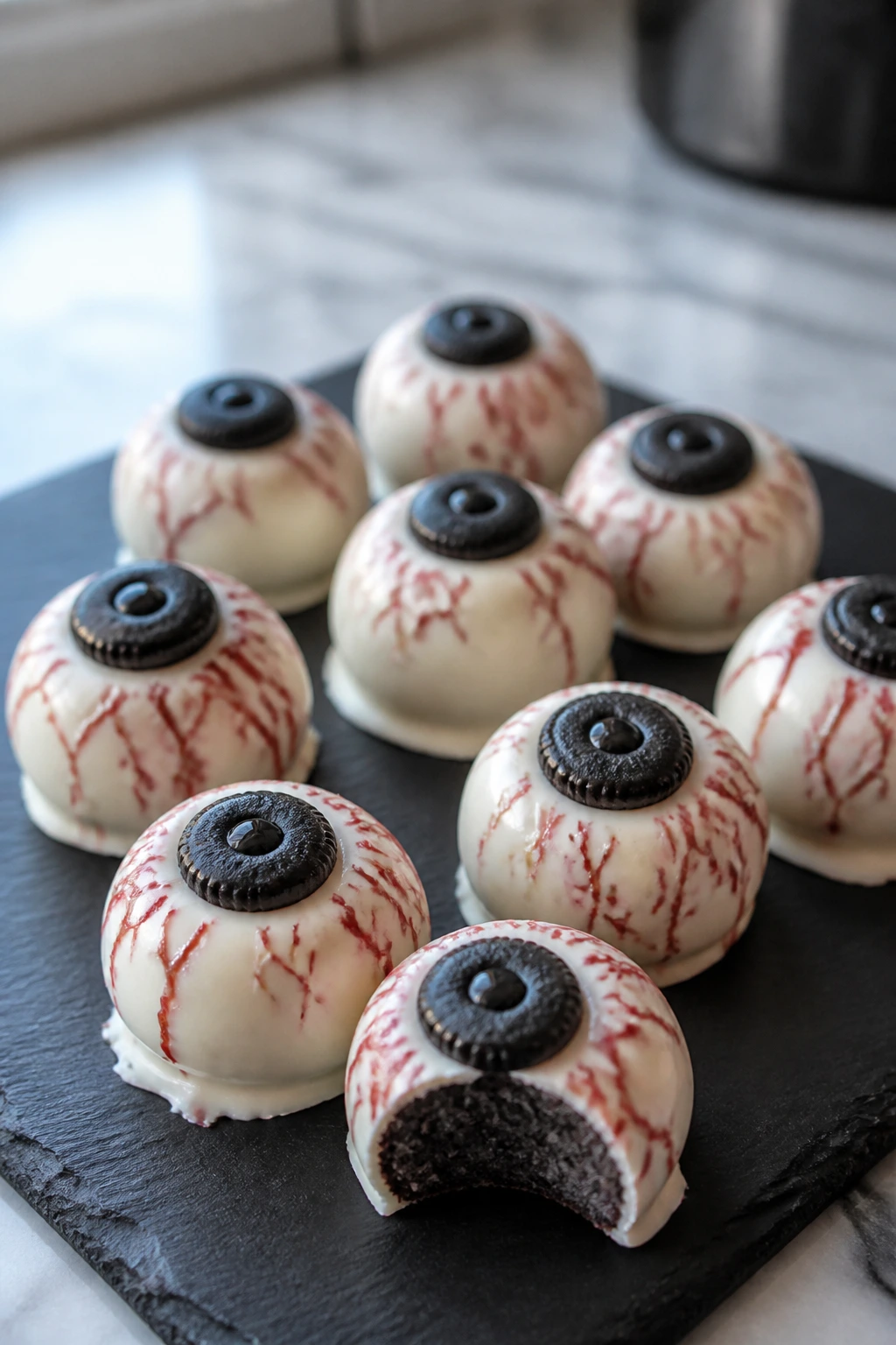Close-up of Oreo Truffle Eyeballs with white coating and red veins on dark slate