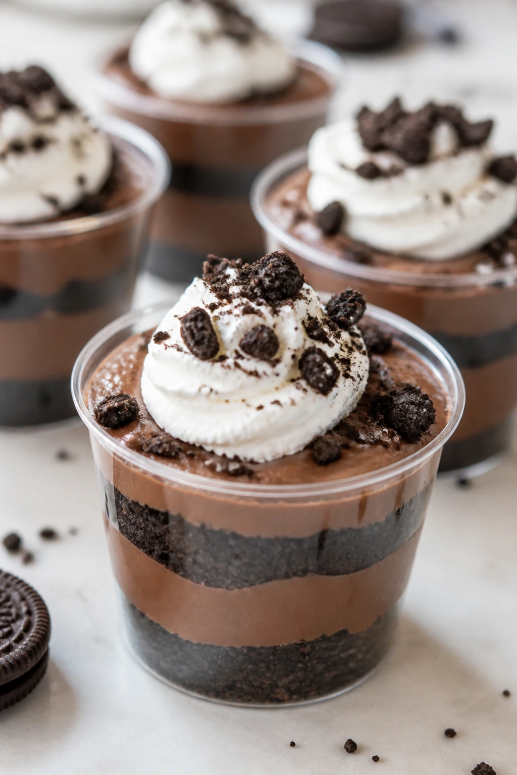 No-bake Oreo pudding cups with whipped topping in clear cups.
