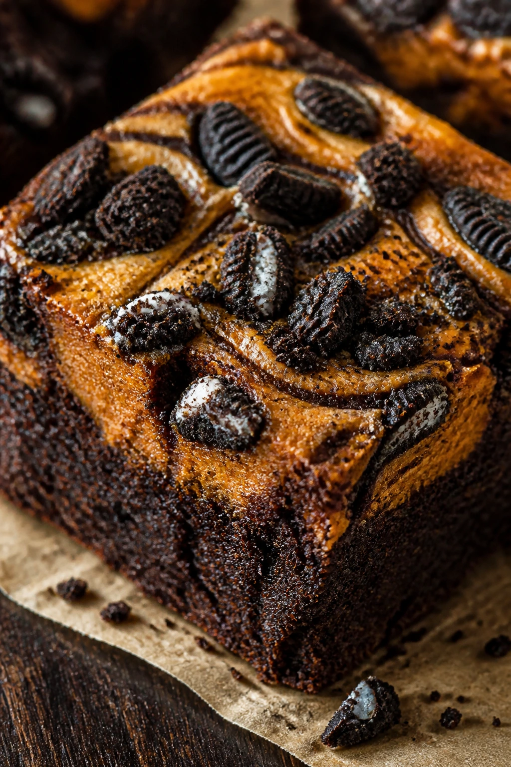 Close-up of Oreo Pumpkin Swirl Brownies with crushed Oreos and pumpkin swirl