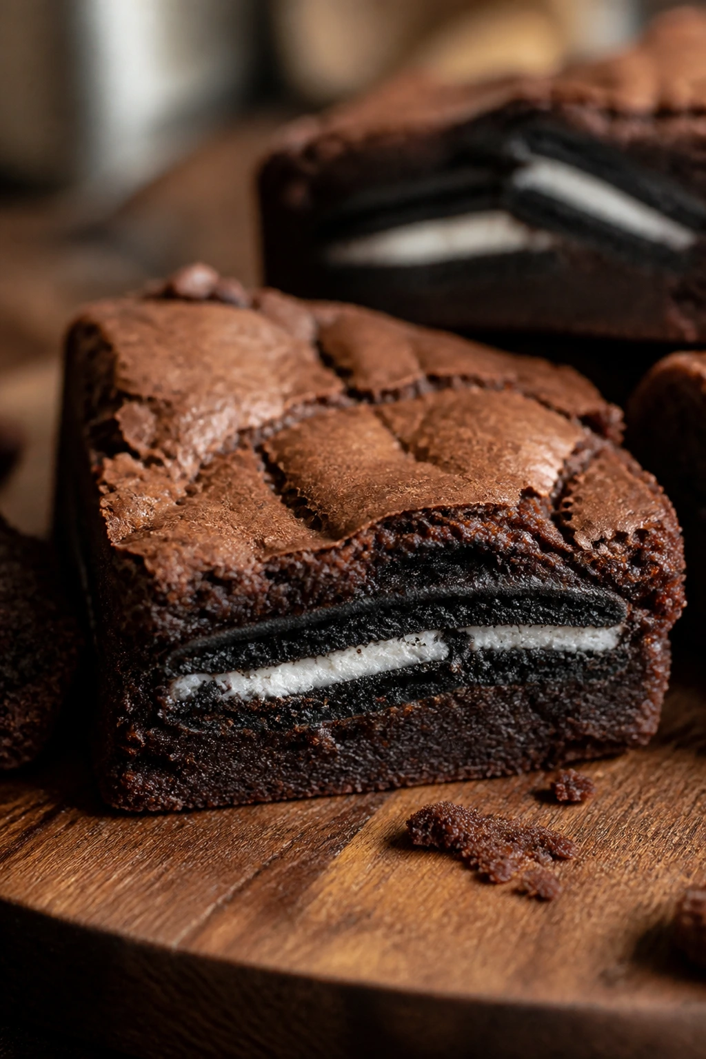 Cross-section brownie showing a cookie layer inside on a cutting board