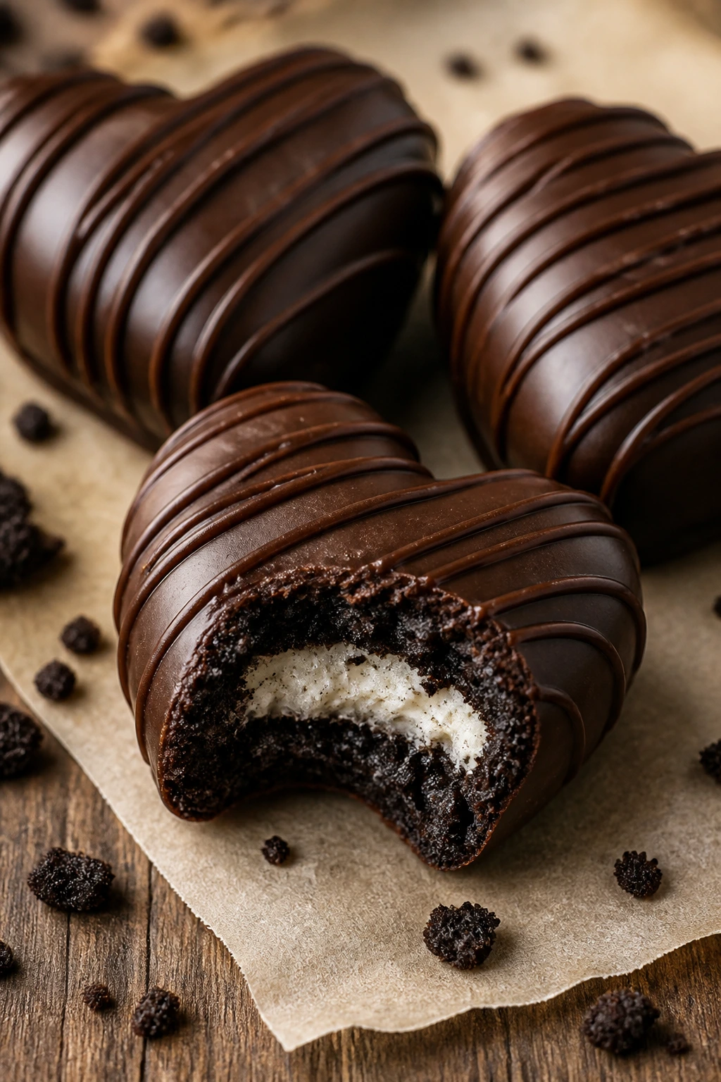 Close-up of Oreo truffle hearts with glossy chocolate coating on parchment