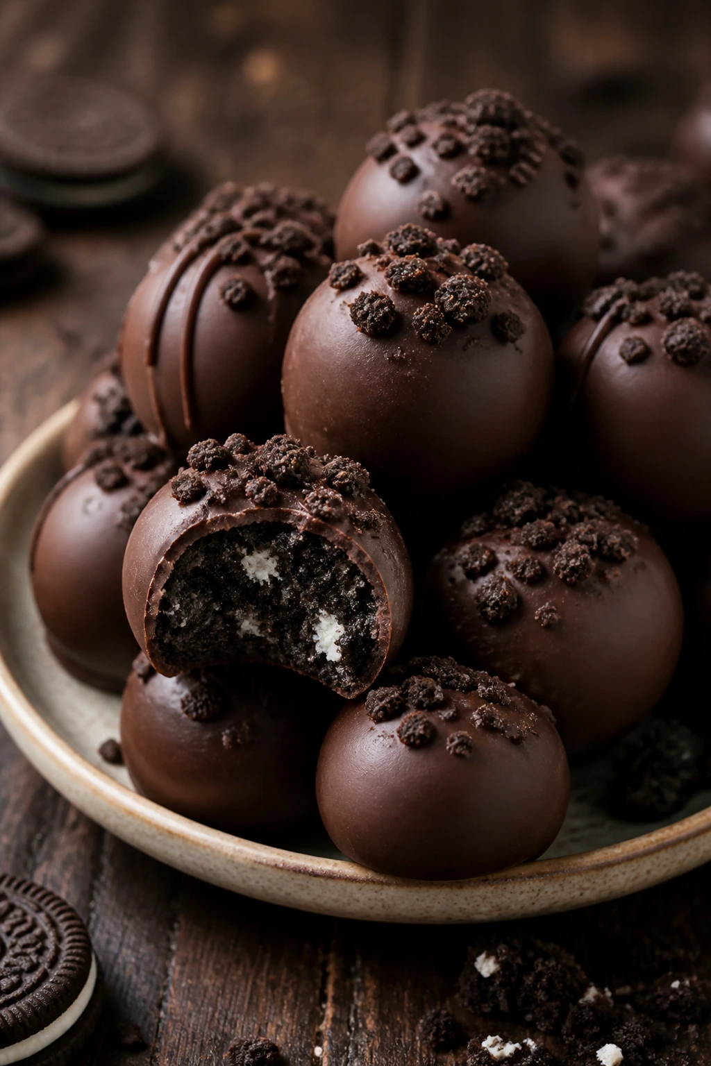 Chocolate-coated Oreo truffles on a plate