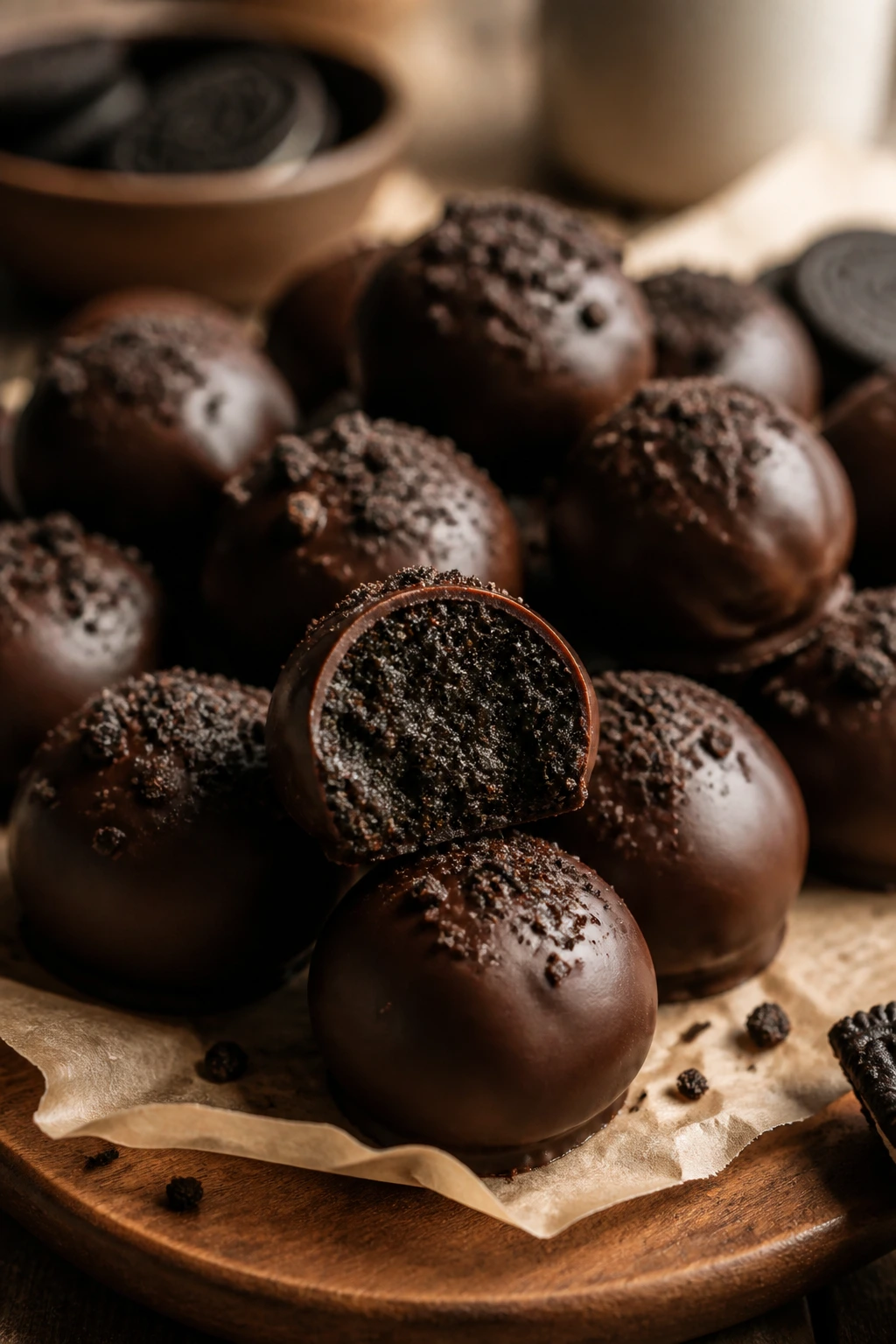 Chocolate-coated Oreo truffles on parchment