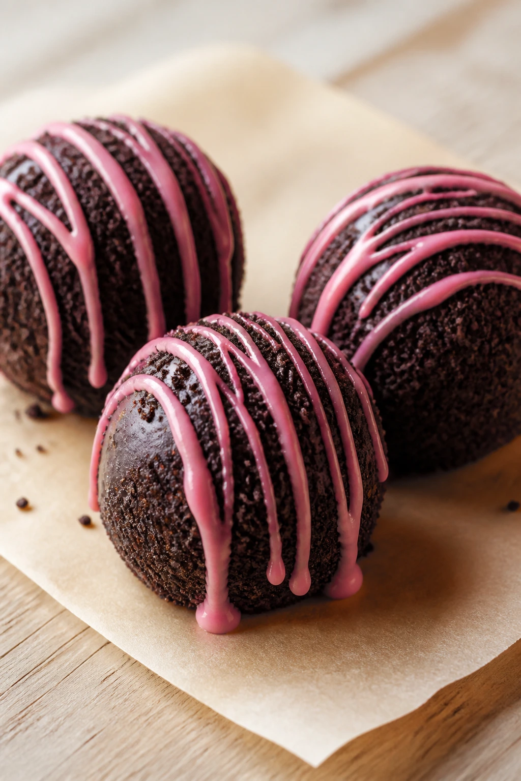 Oreo truffles with pink drizzle on parchment