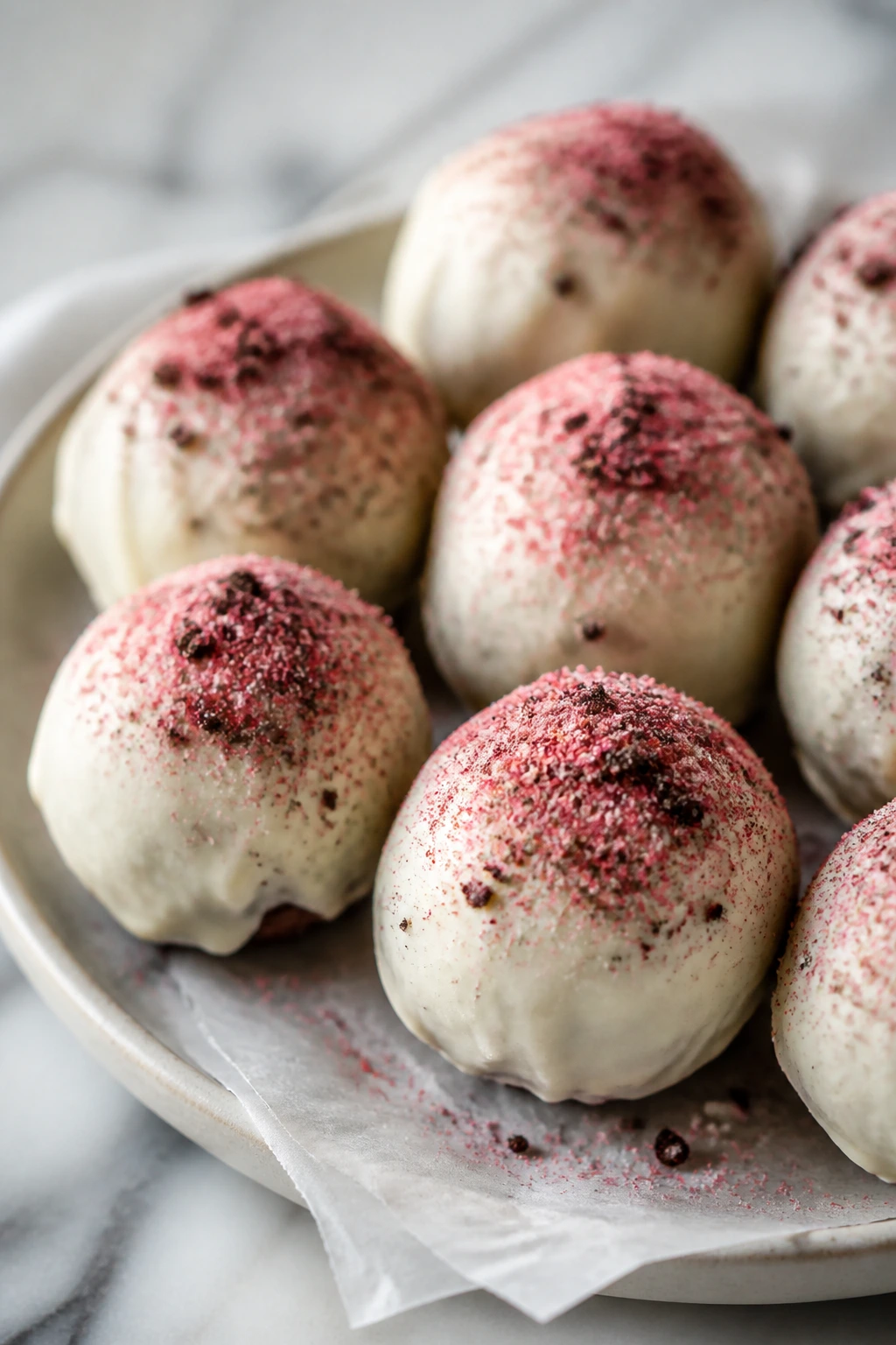 Oreo truffles coated in white chocolate with strawberry dust