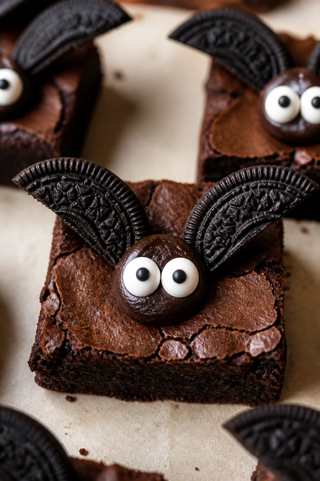 Close-up of classic Oreo-wing bat brownie with wings and candy eyes on parchment