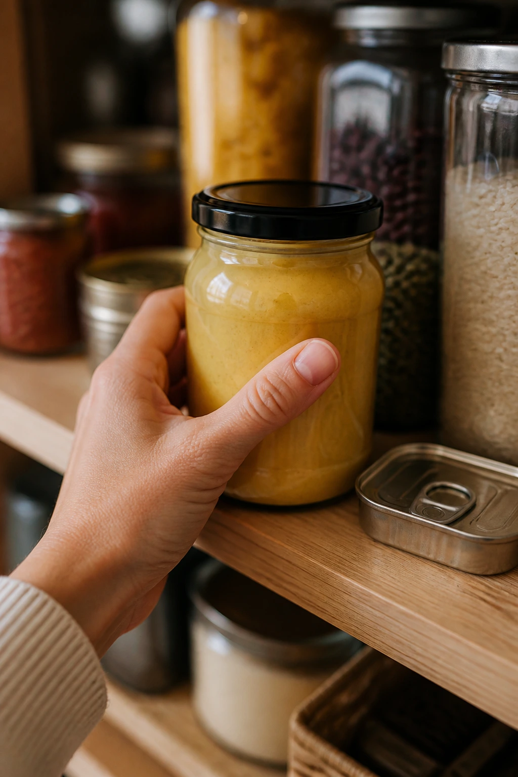 Hand reaching for mustard jar on an organized pantry shelf