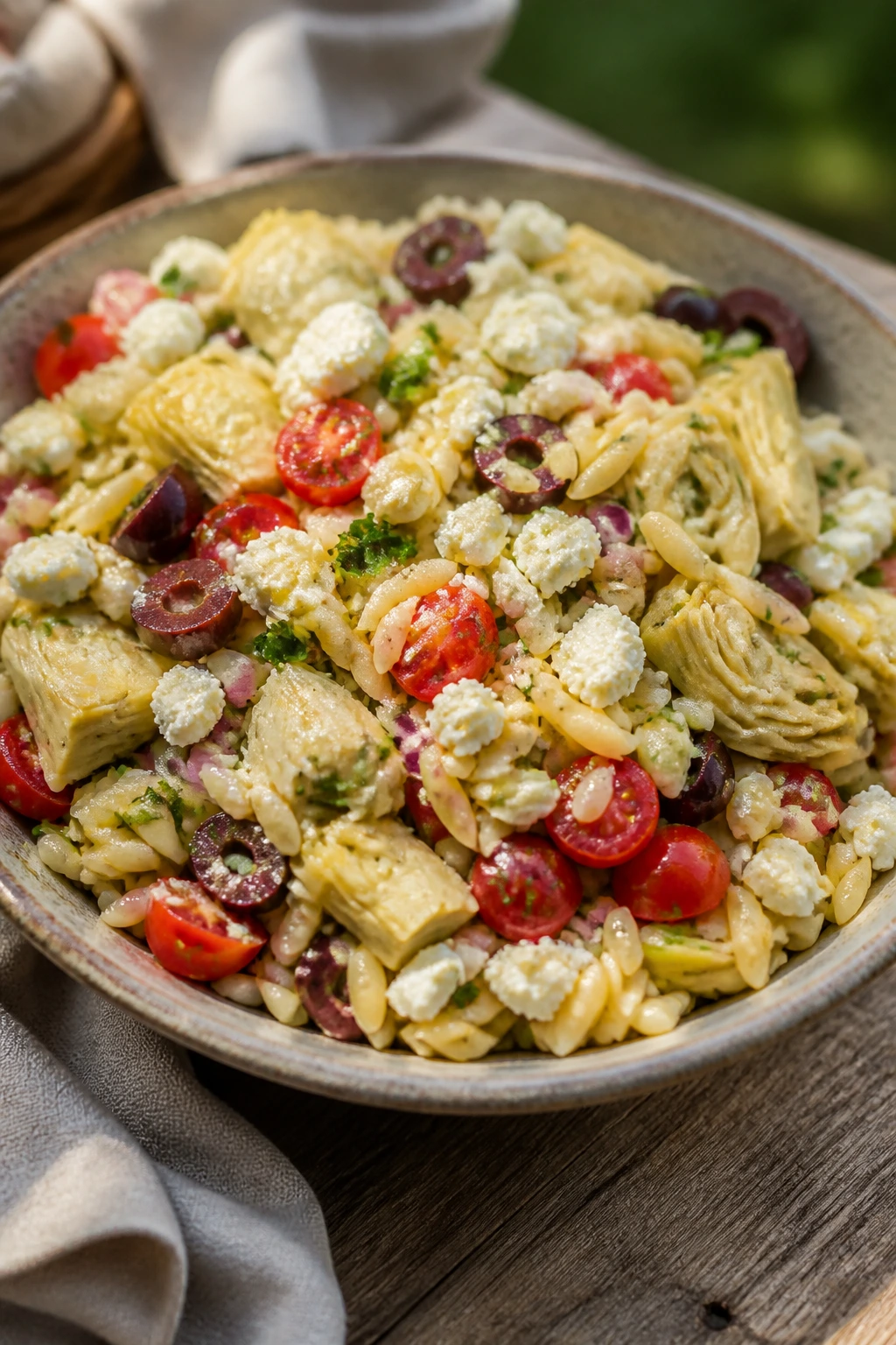 Close-up of Greek orzo salad with artichokes, olives, tomatoes, and feta in a rustic bowl