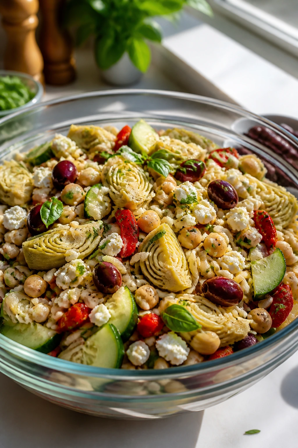 Close-up of Mediterranean Orzo Salad with Artichokes in a glass bowl