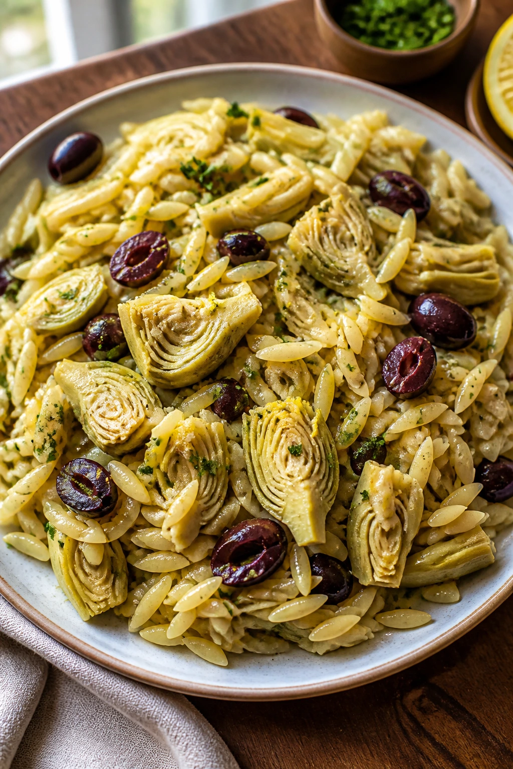 Close-up of orzo with artichokes and olives on a plate in bright kitchen light