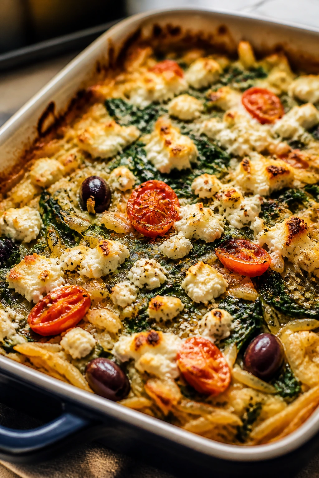 Close-up of spinach feta Greek orzo bake in a baking dish.