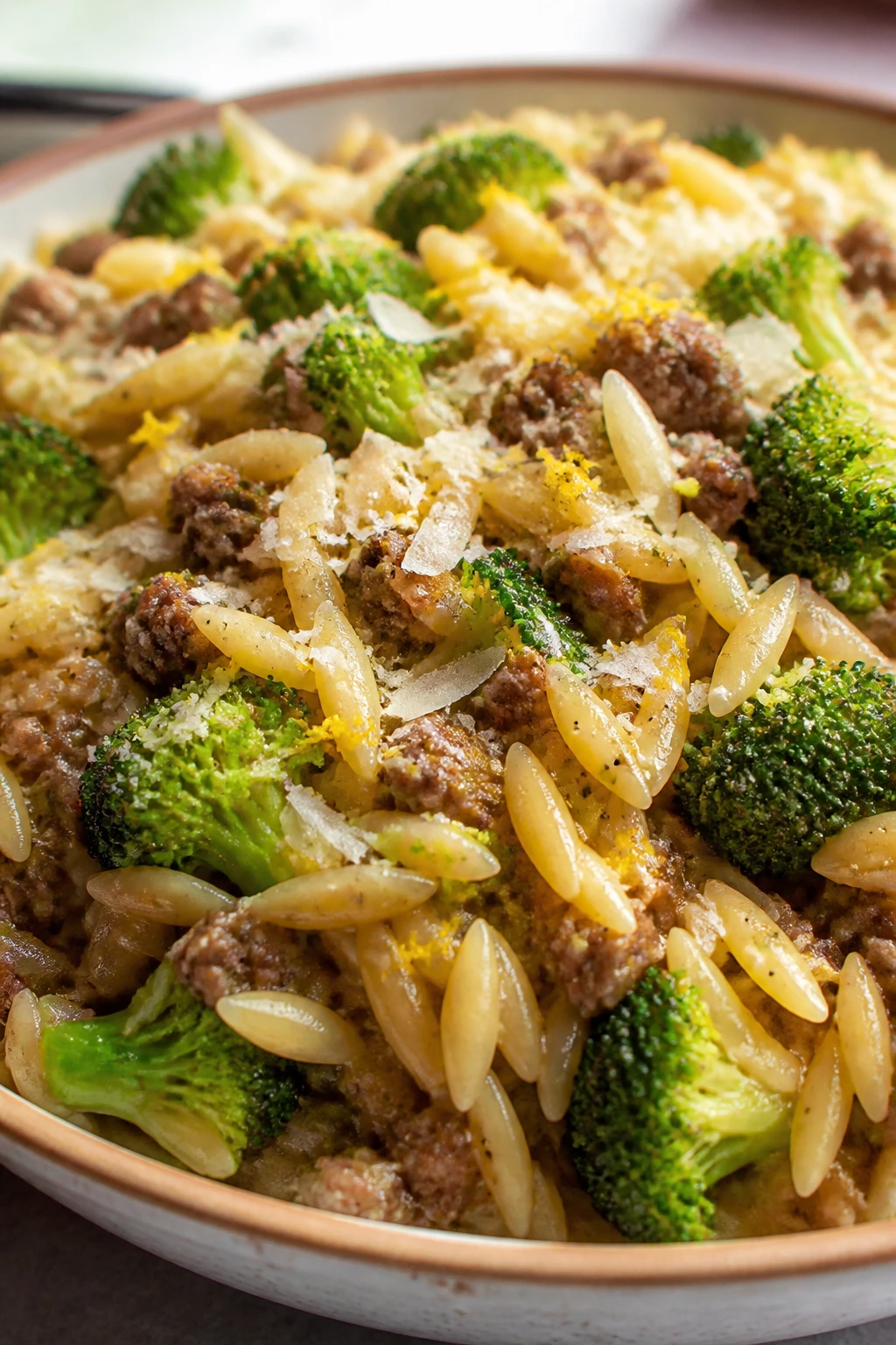 Close-up of orzo with beef, broccoli, lemon zest and Parmesan