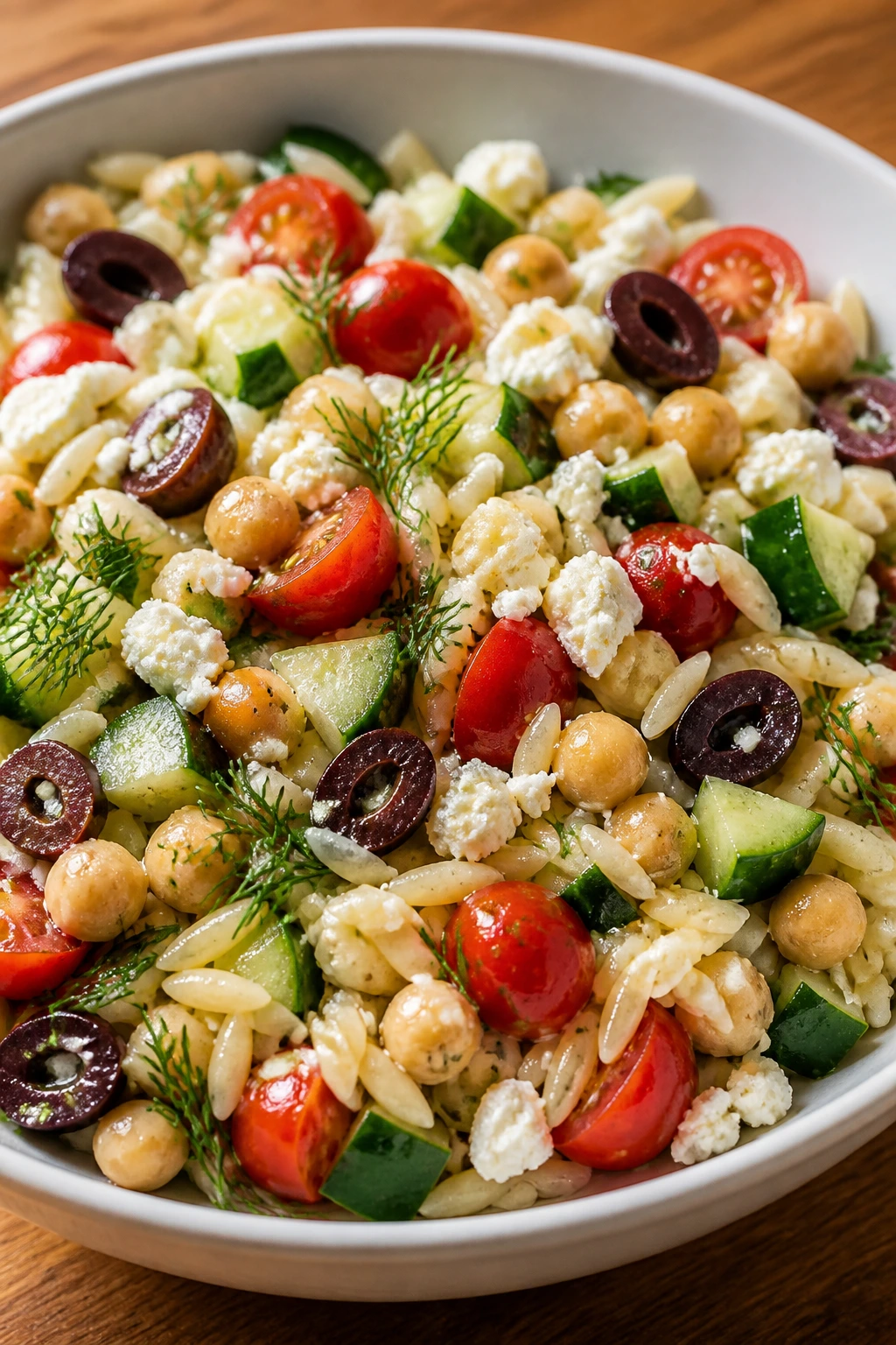 Orzo bowl with chickpeas cucumber tomatoes olives feta