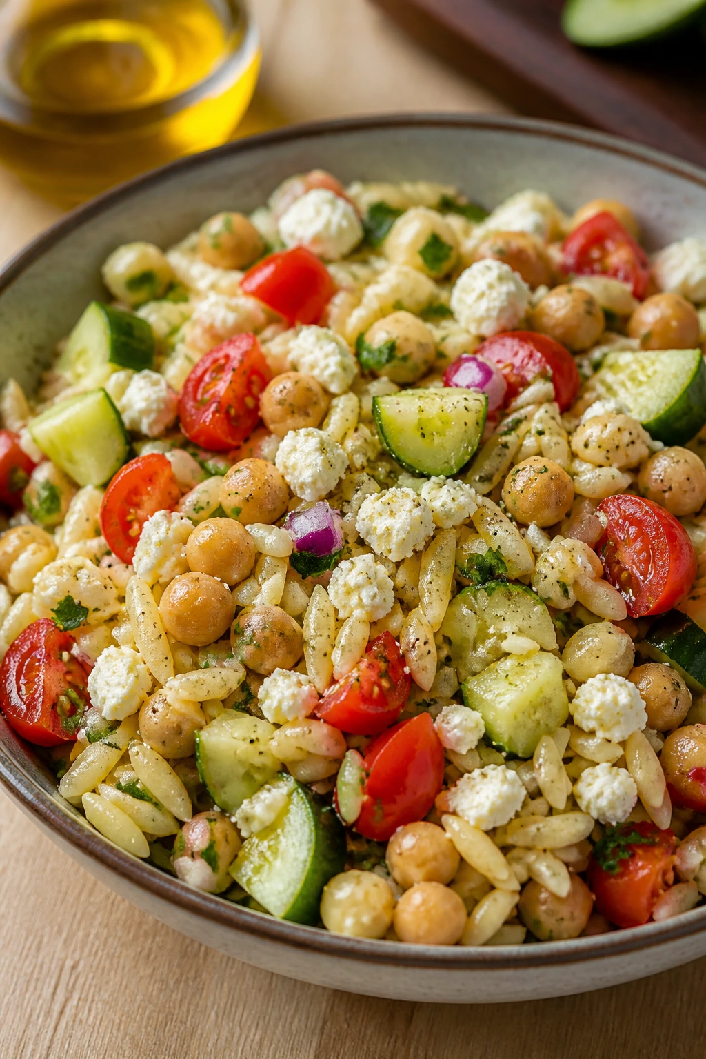 Close-up of Greek orzo salad with chickpeas in a bowl